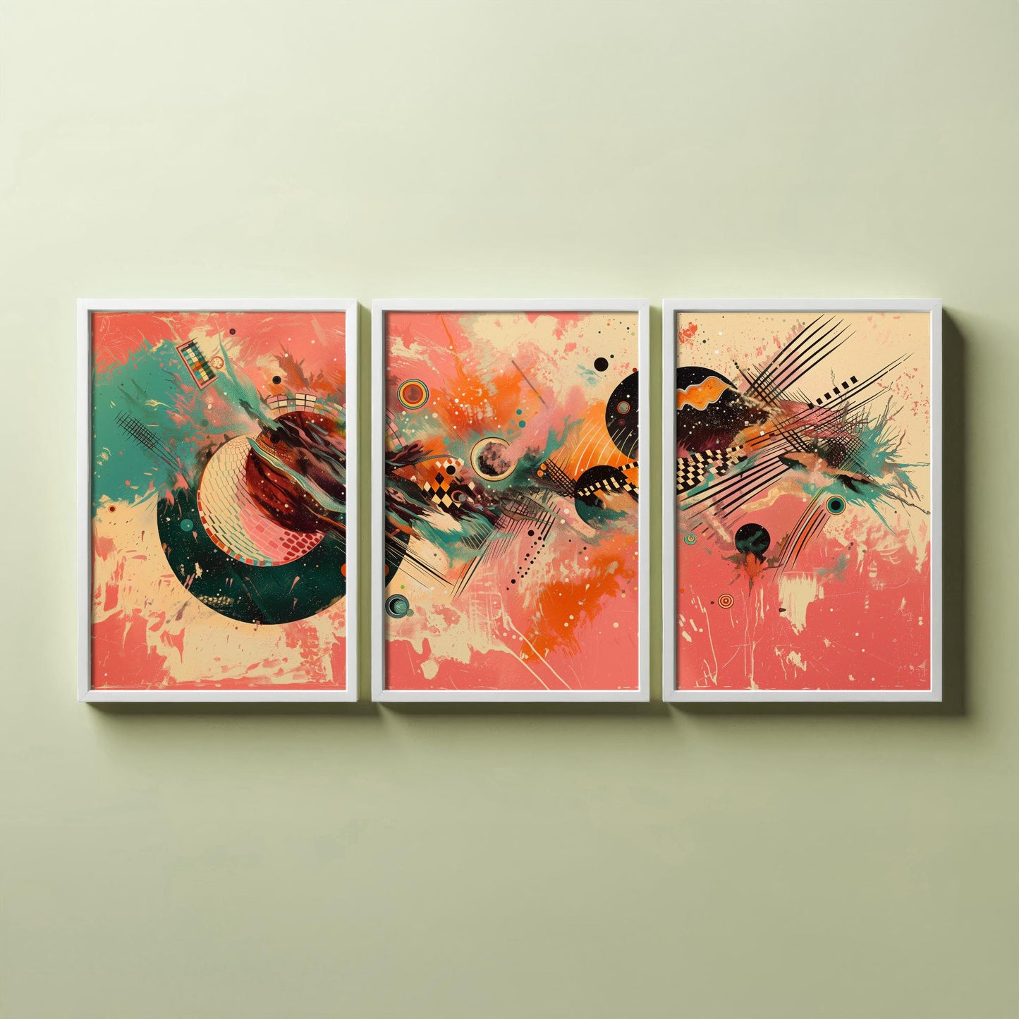 Colourful Abstract Circles Set of Three Art Prints - 3 Modern Geometric Posters - Bold Coral Illustration Wall Decor Gift