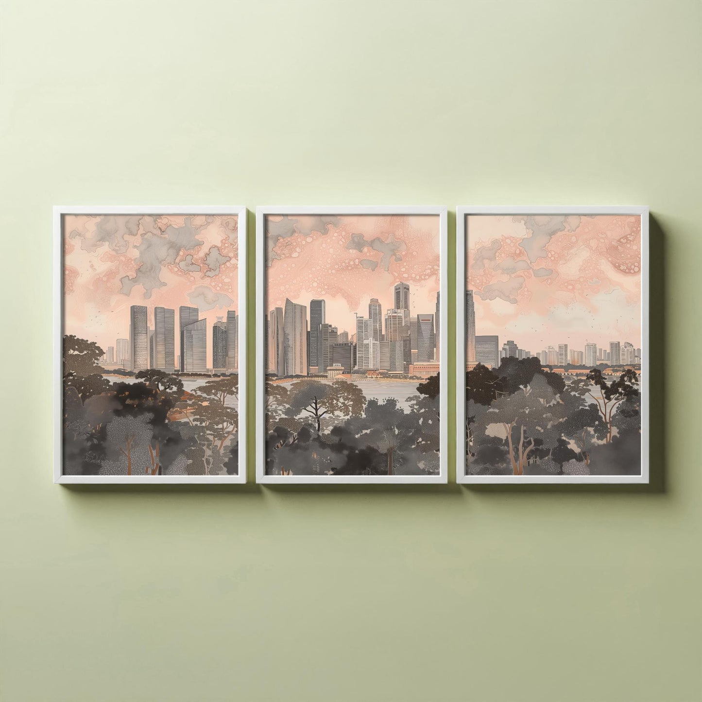 Singapore Skyline Set of Three Art Prints - 3 Marina Bay Cityscape Posters - Pink Grey Travel Illustration Wall Art Gift