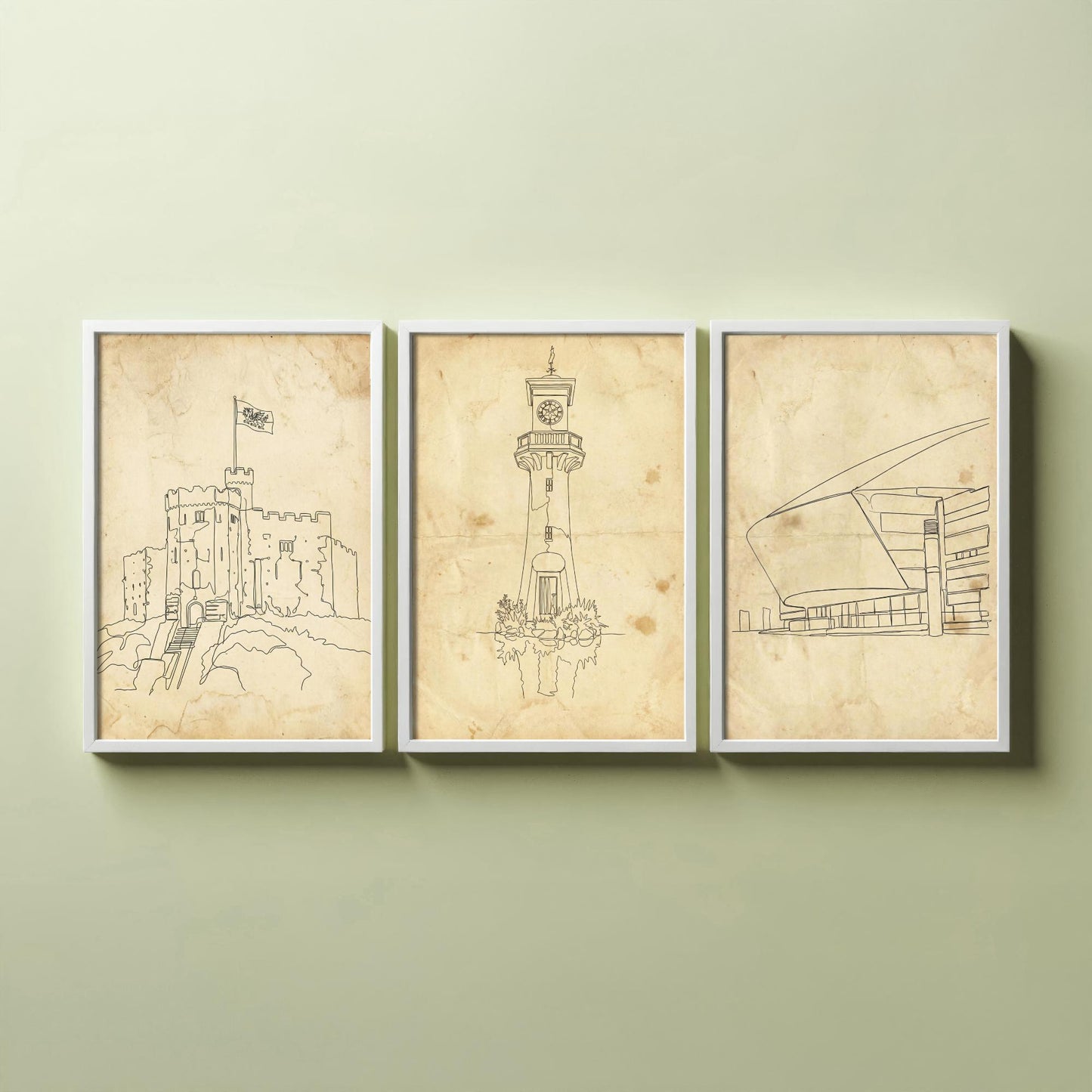 Cardiff Wales Set of Three Art Prints - Cardiff Castle Scott Memorial Millennium Centre Posters - Single Line Illustration Art