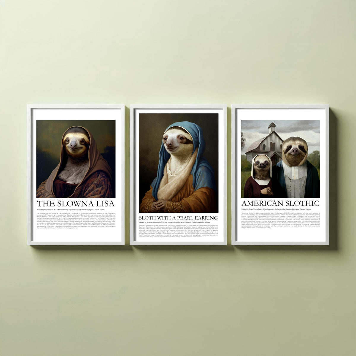 Sloth Masterpiece Parodies Set of Three Art Prints - Slowna Lisa, Pearl Earring, American Slothic - Funny Illustration Poster