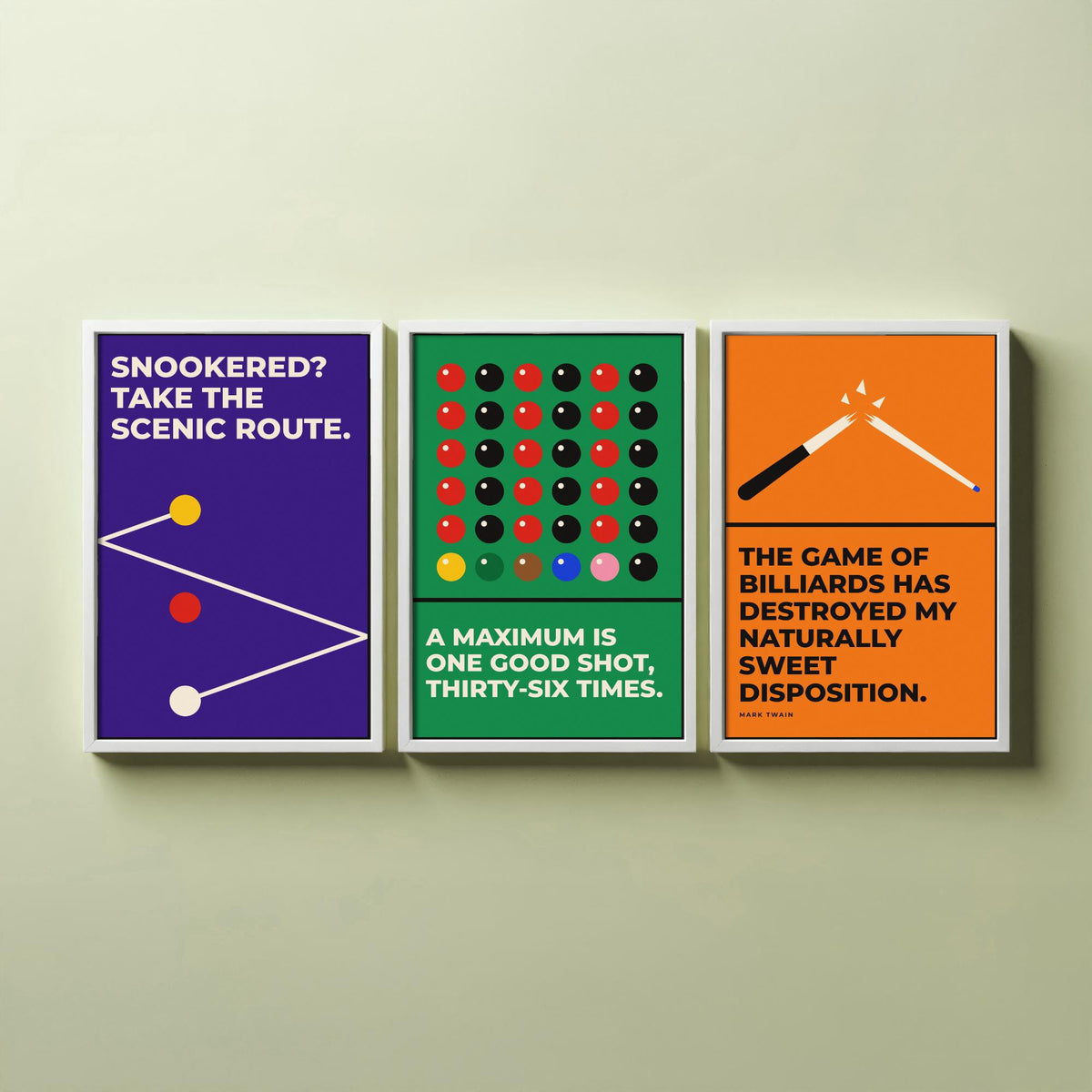 Snooker Quotes Set of Three Art Prints - 3 Retro Bauhaus Cue Sports Posters - Minimalist Game Room Wall Art Illustration V2