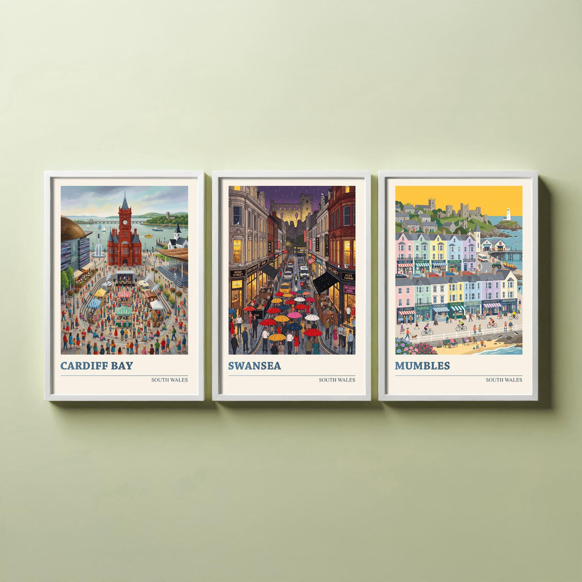 South Wales Set of Three Art Prints - Cardiff Bay, Swansea, Mumbles - 3 Colourful Folk Illustration Travel Posters - Welsh Painting