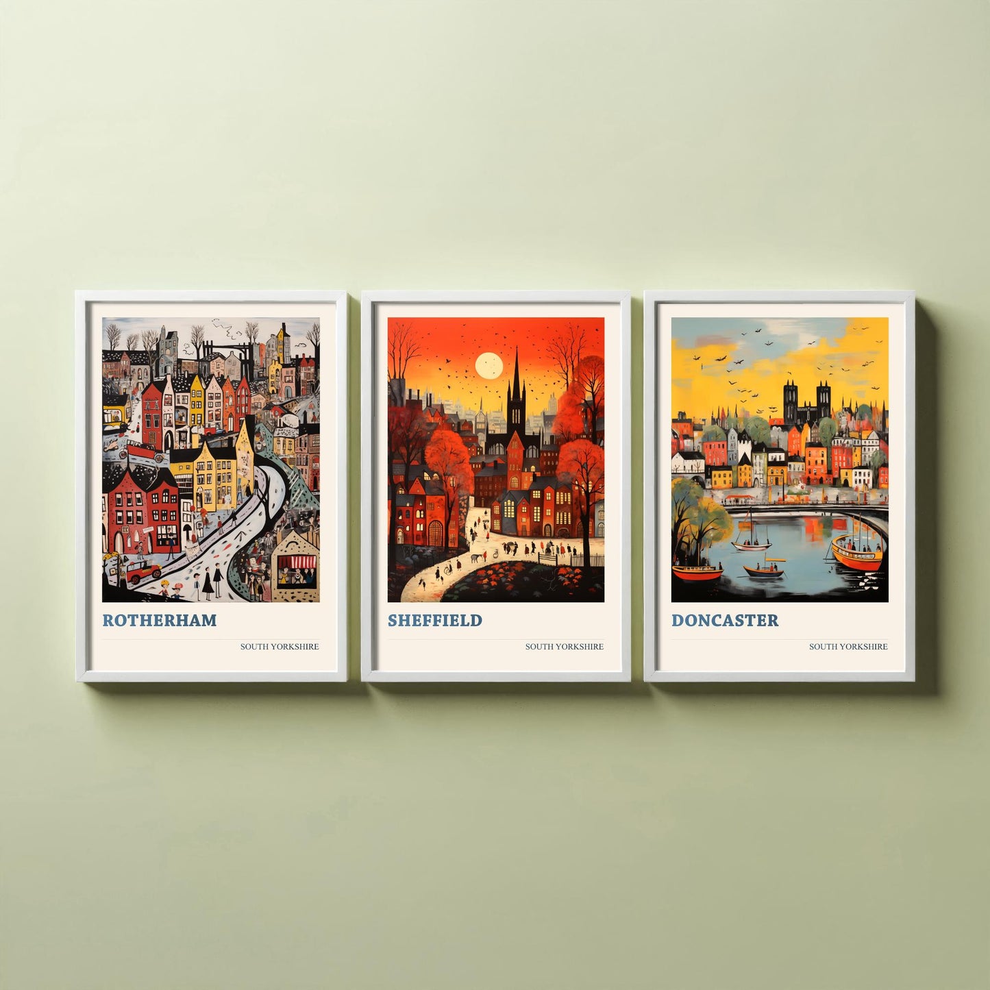 South Yorkshire Set of Three Art Prints - 3 Rotherham Sheffield Doncaster Posters - Naive Folk Art Town Illustration Wall Art