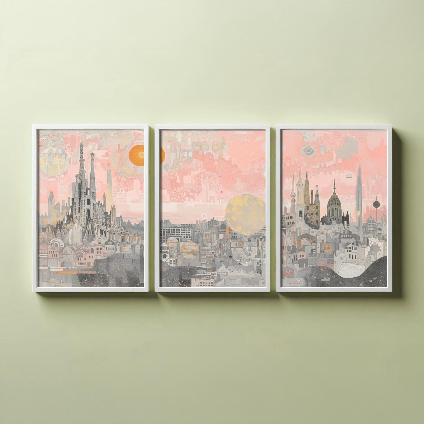 Barcelona Skyline Set of Three Art Prints - 3 Sagrada Familia Spain City Posters - Pink Grey Cityscape Illustration Wall Art