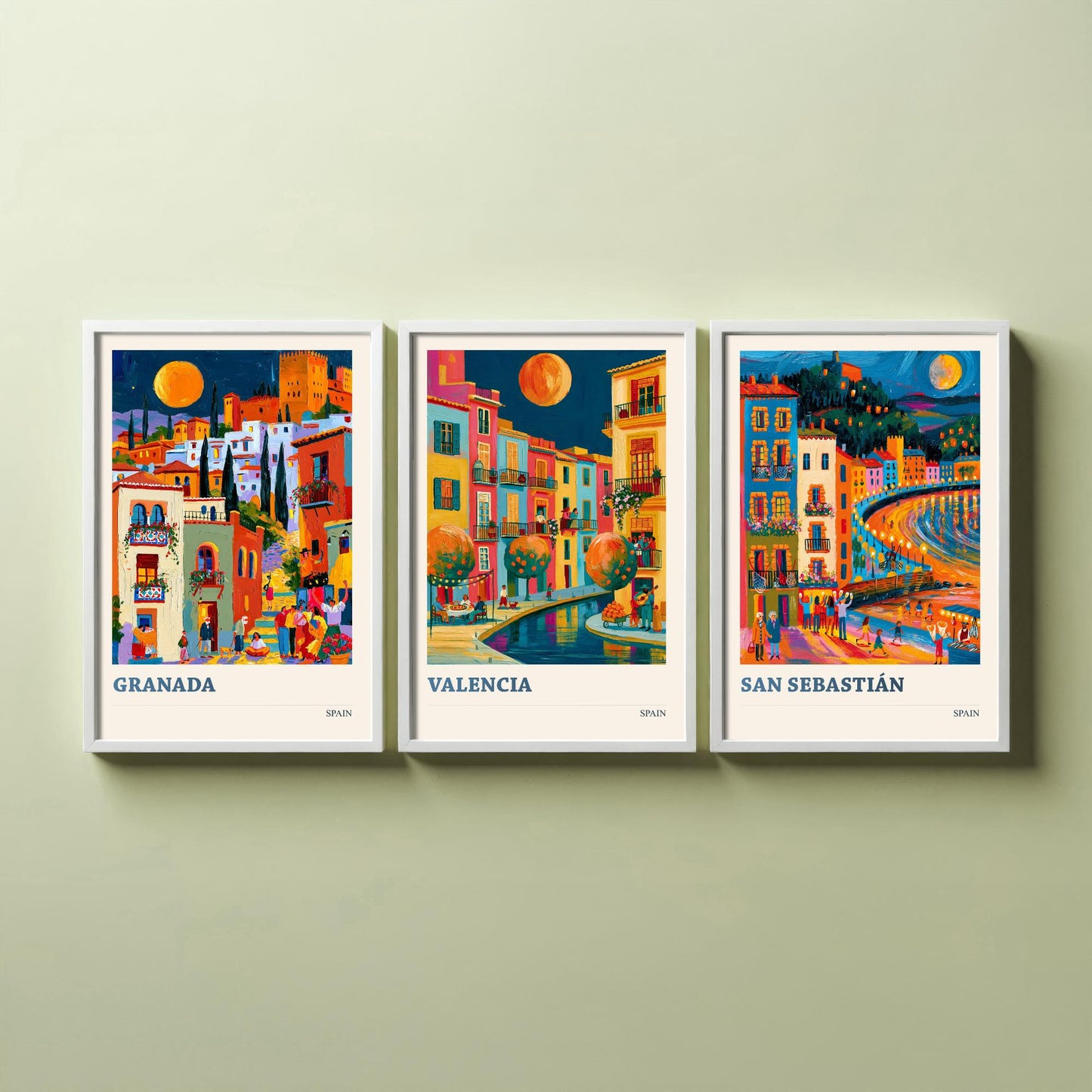 Set of Three Spain Travel Posters - Granada, Valencia, San Sebastian - Bold Spanish Art Print Painting Gift Cityscape Decor V2