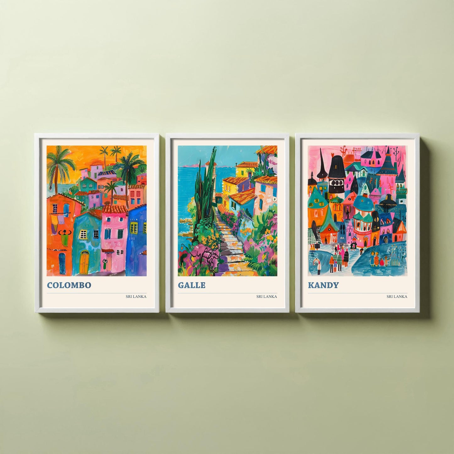 Sri Lanka Set of Three Art Prints - Colombo, Galle, Kandy Travel Posters - Colourful Painting Illustration Gift Map
