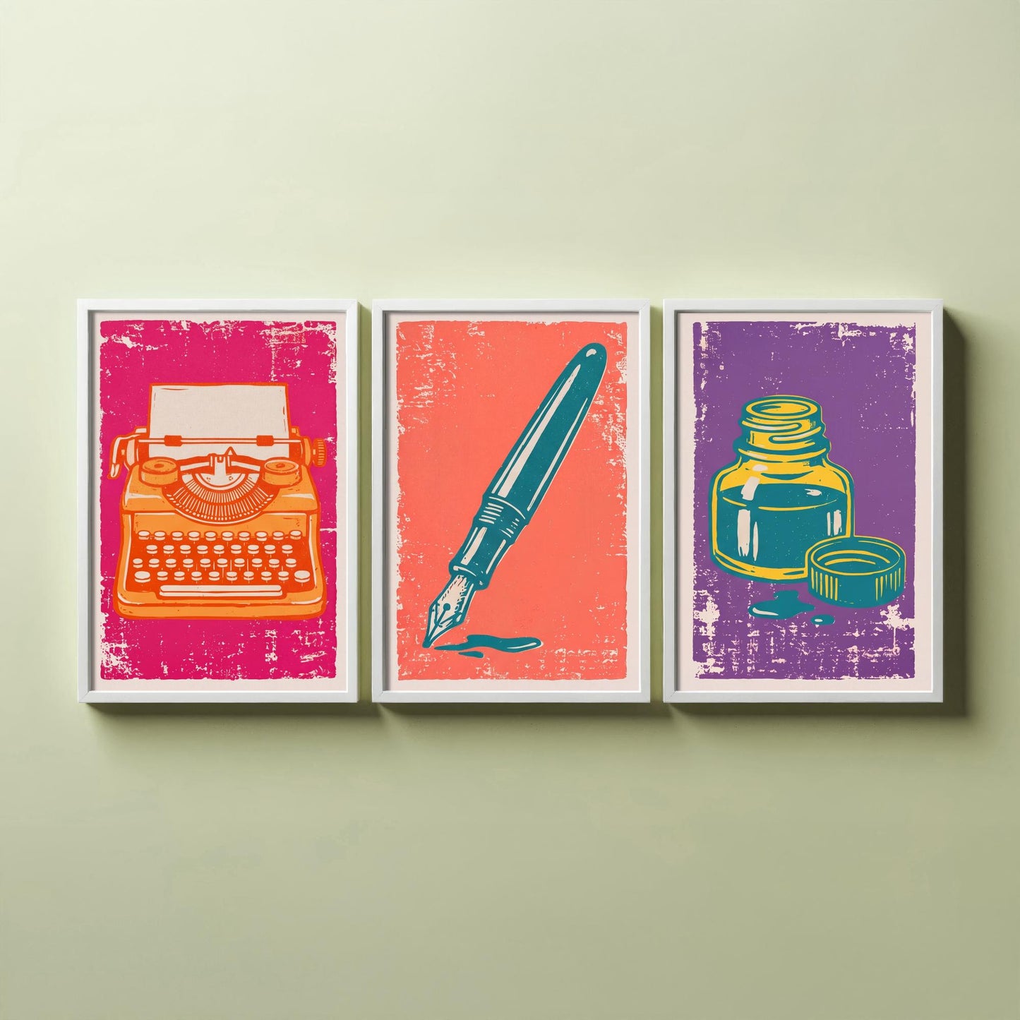 Typewriter, Fountain Pen & Ink Bottle - Set of Three Stationery Art Prints - Linocut Illustrations - Writing Posters V1