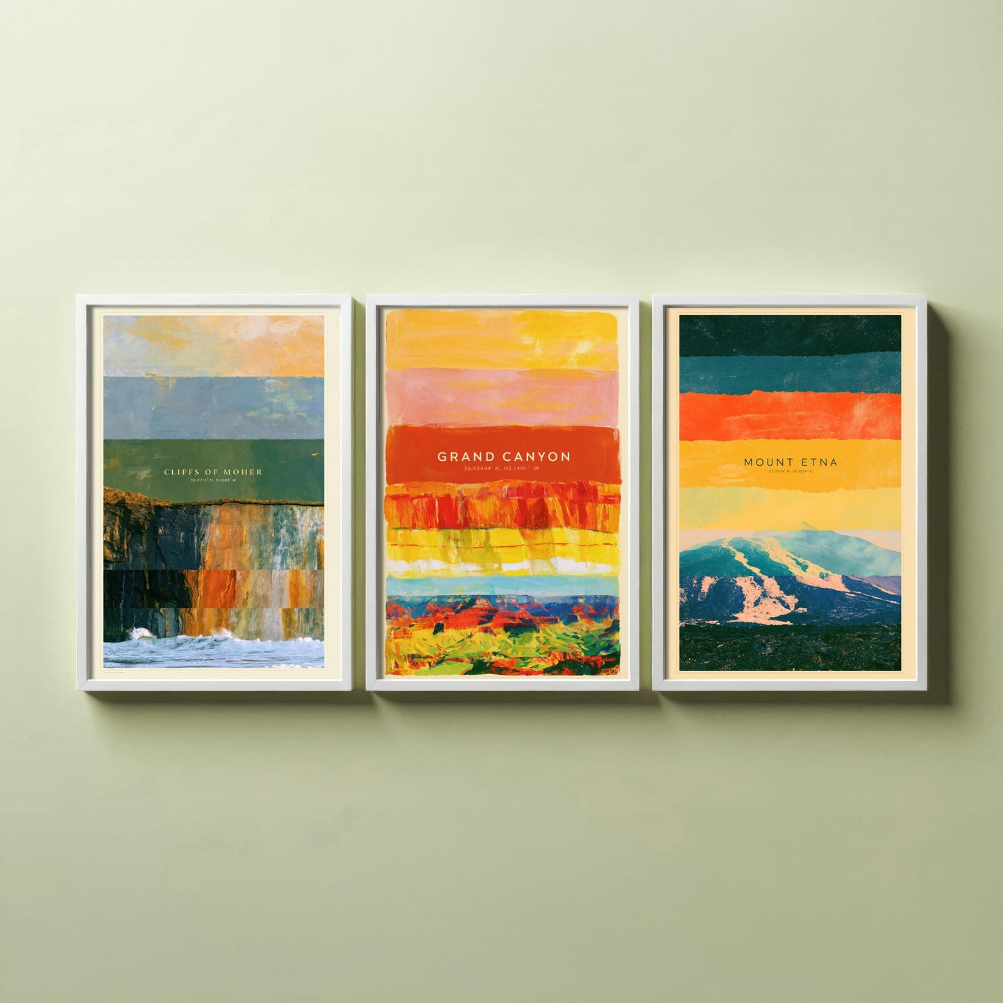 Cliffs of Moher, Grand Canyon, Mount Etna Set of Three Art Prints - Strata Layered Abstract Landscape Posters - Collage Painting
