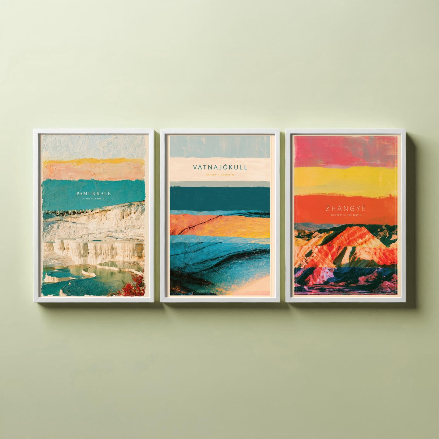 Strata Core Set of Three Art Prints - Pamukkale, Vatnajokull, Zhangye - Abstract Landscape Layer Posters - Painting Collage Style
