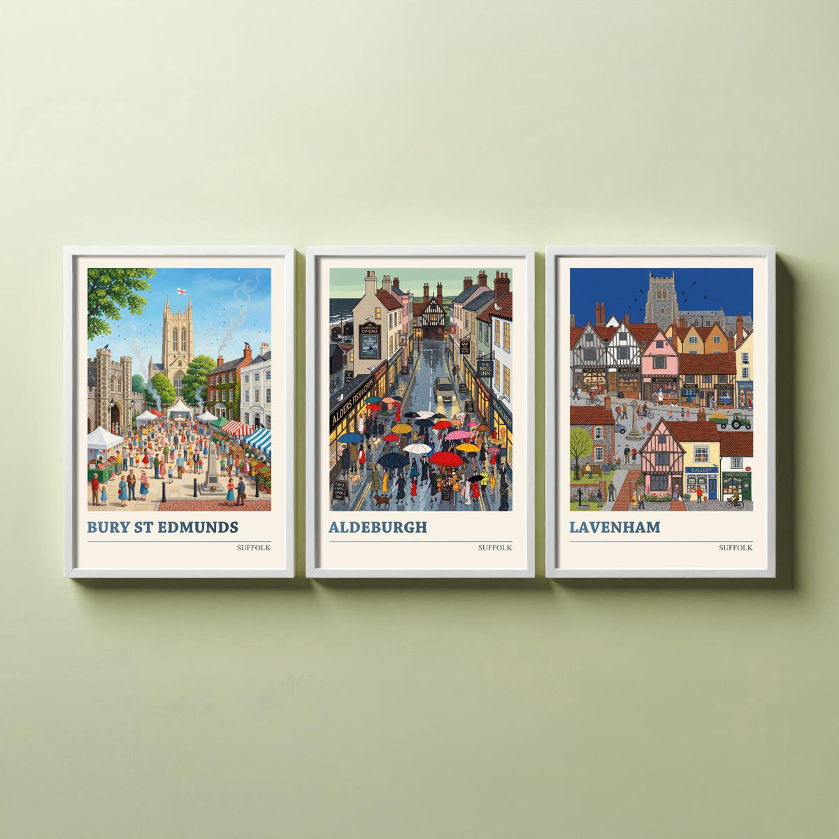 Suffolk Set of Three Art Prints - Bury St Edmunds, Aldeburgh, Lavenham - 3 Colourful Folk Illustration Travel Posters - Suffolk Painting