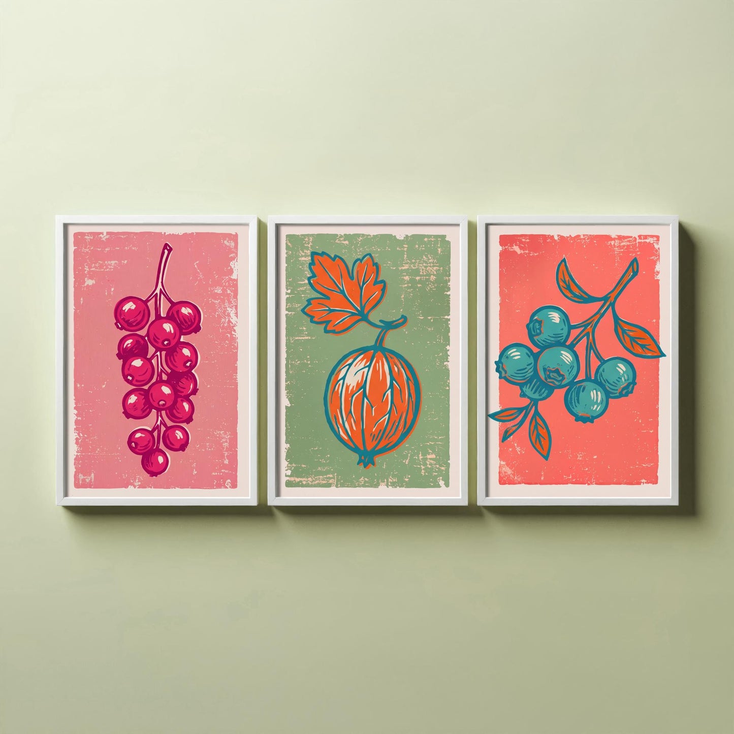 Redcurrants, Gooseberry and Blueberries - Set of Three Summer Berries Art Prints - Linocut Illustrations - Fruit Kitchen Posters V2