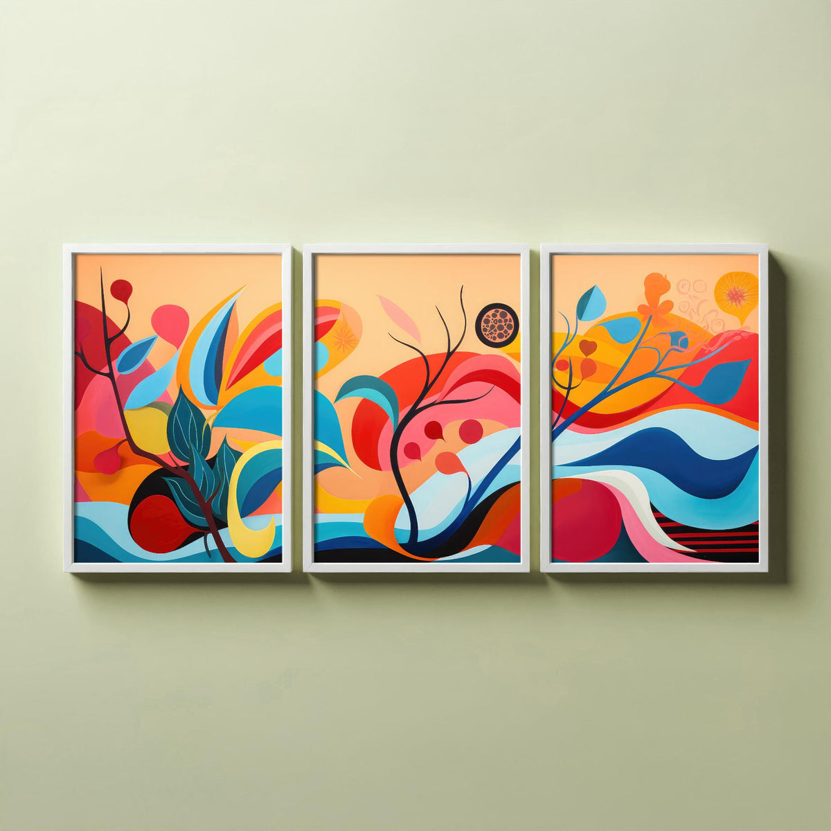 Sun Soaked Colours Set of Three Art Prints - Flowing Abstract Leaves and Waves - Panoramic Bold Poster Illustration V1