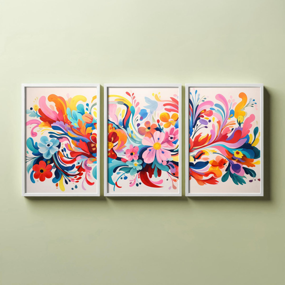 Sun Soaked Colours Set of Three Art Prints - Swirling Flowers on Cream - Panoramic Floral Poster Illustration V2