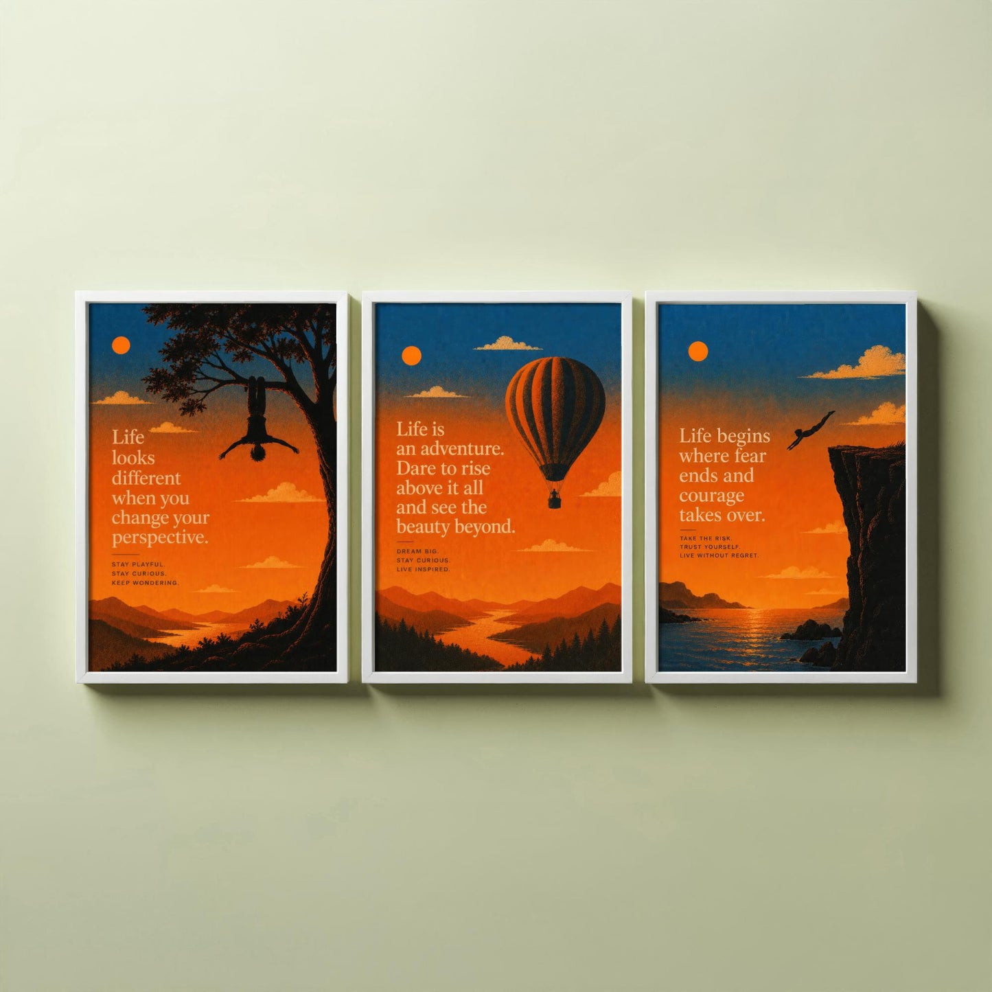Sunset Adventure Quotes Set of Three Art Prints - Inspirational Wall Art - Motivational Poster Illustration Gift Decor V1