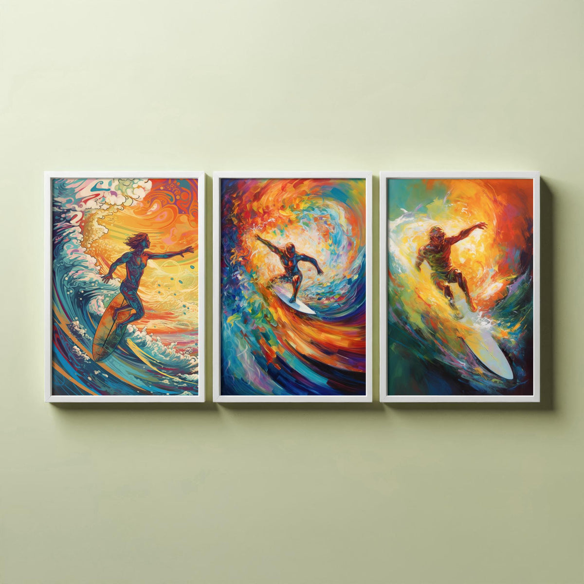 Psychedelic Surfers Set of Three Art Prints - Surfing Swirling Rainbow Waves - Vivid Surf Poster Illustration
