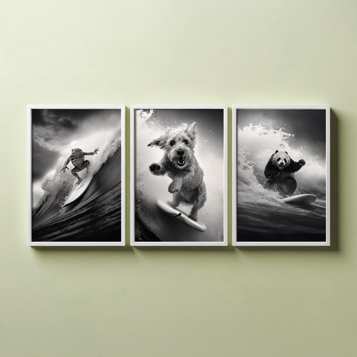 Surfing Animals Set of Three Art Prints - Frog, Dog and Panda - Funny Black and White Photo Poster
