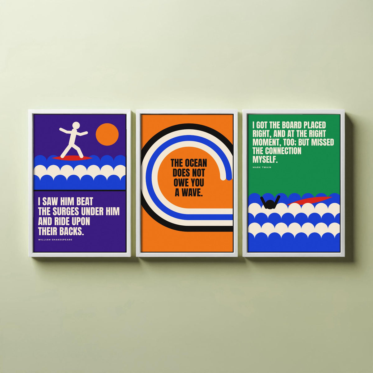 Surfing Quotes Set of Three Art Prints - 3 Bauhaus Surf Posters - Minimalist Sport Wall Art Illustration V1