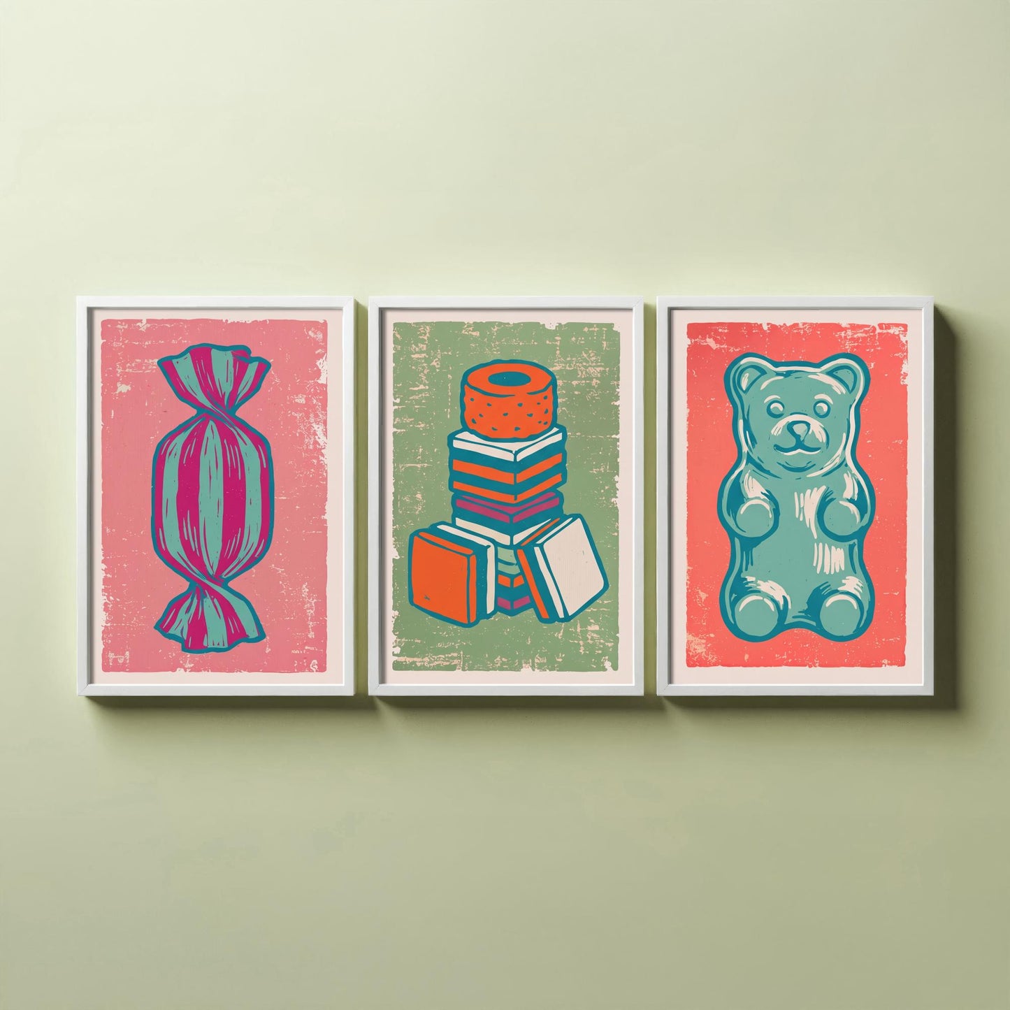 Humbug, Liquorice Allsorts & Gummy Bear Set of Three Art Prints - Linocut Sweet Illustrations - Candy Shop Triptych Posters V2
