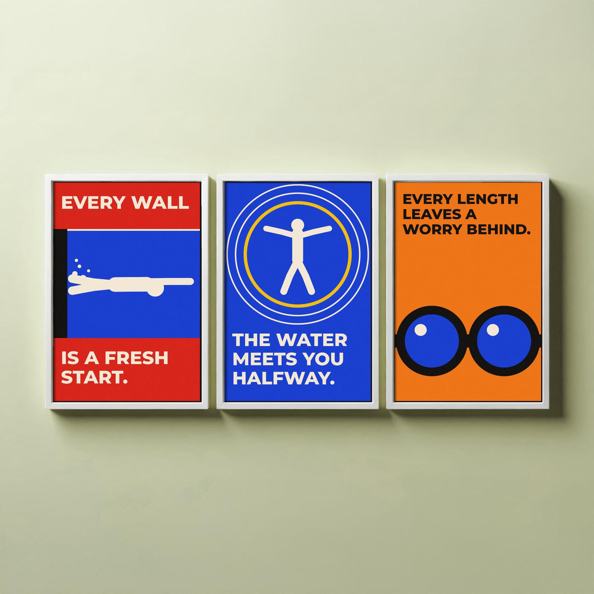 Swimming Quotes Set of Three Art Prints - 3 Retro Bauhaus Swimmer Posters - Minimalist Sport Wall Art Illustration V2