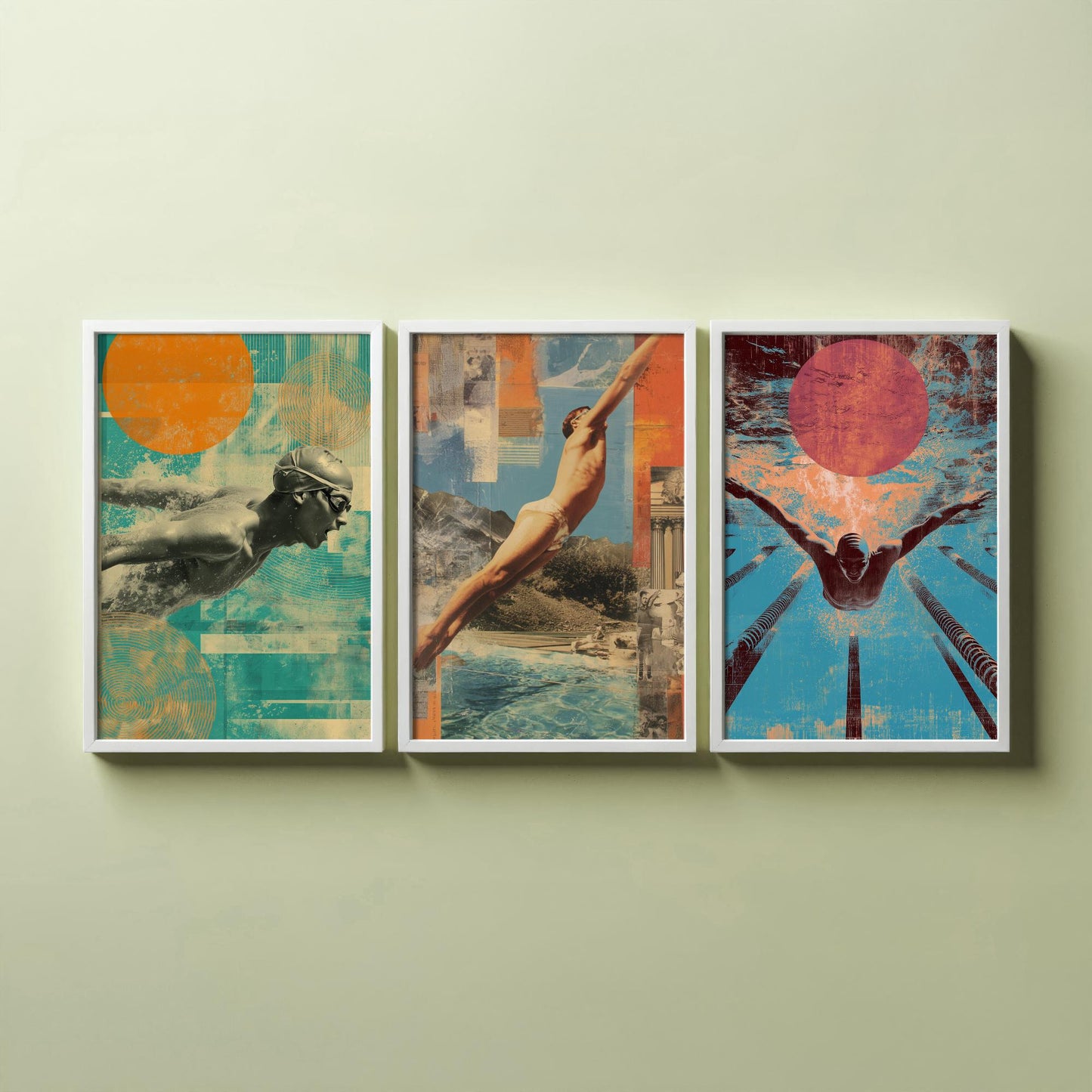 Set of Three Swimming Art Prints - Freestyle Diver Butterfly Swimmer Poster - Retro Collage Illustration Pool Gift V1