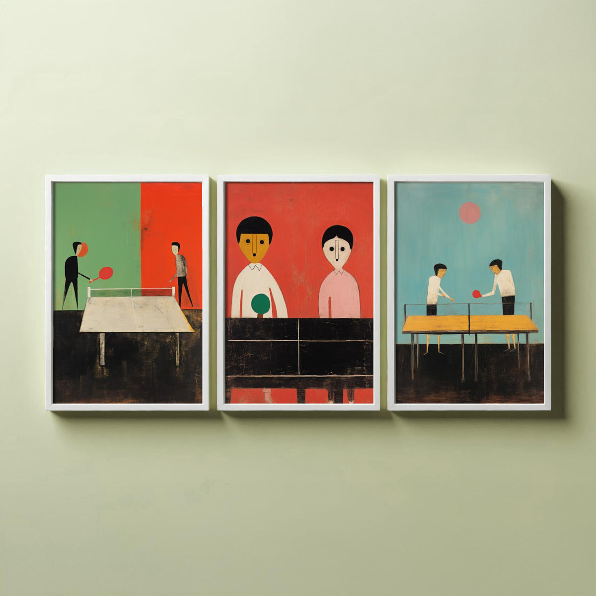 Table Tennis Players Set of Three Art Prints - Minimalist Ping Pong Paintings - Mid Century Poster Illustration
