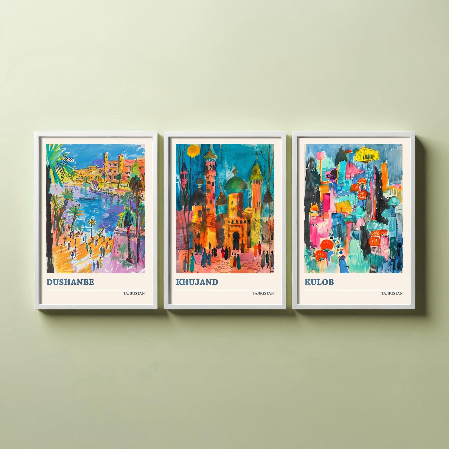 Tajikistan Set of Three Art Prints - Dushanbe, Khujand, Kulob - Colourful City Poster Watercolour Illustration Travel
