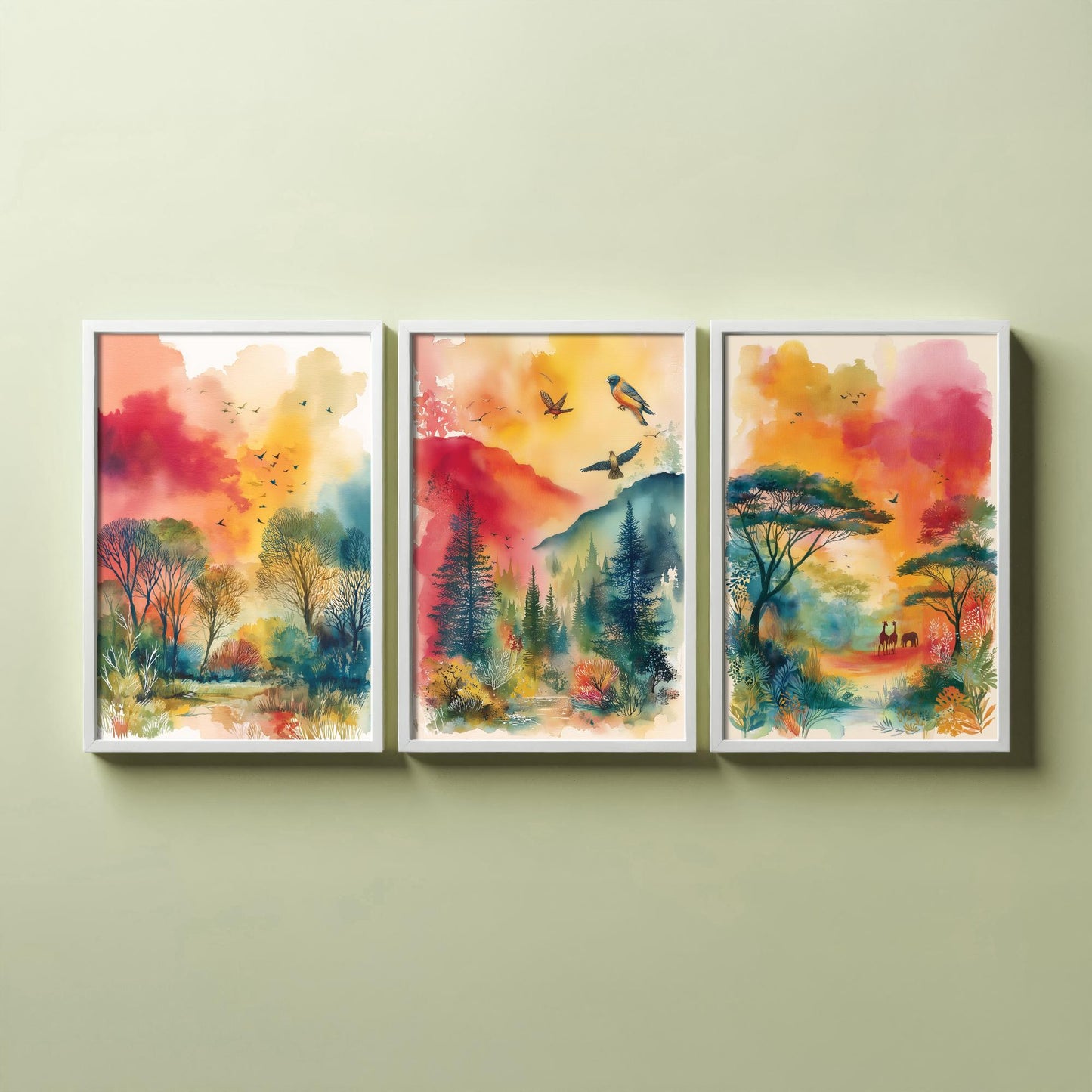 Tanzania Serengeti Set of Three Art Prints - Giraffe Acacia Tree Bird Safari Poster - Watercolour Savanna Illustration