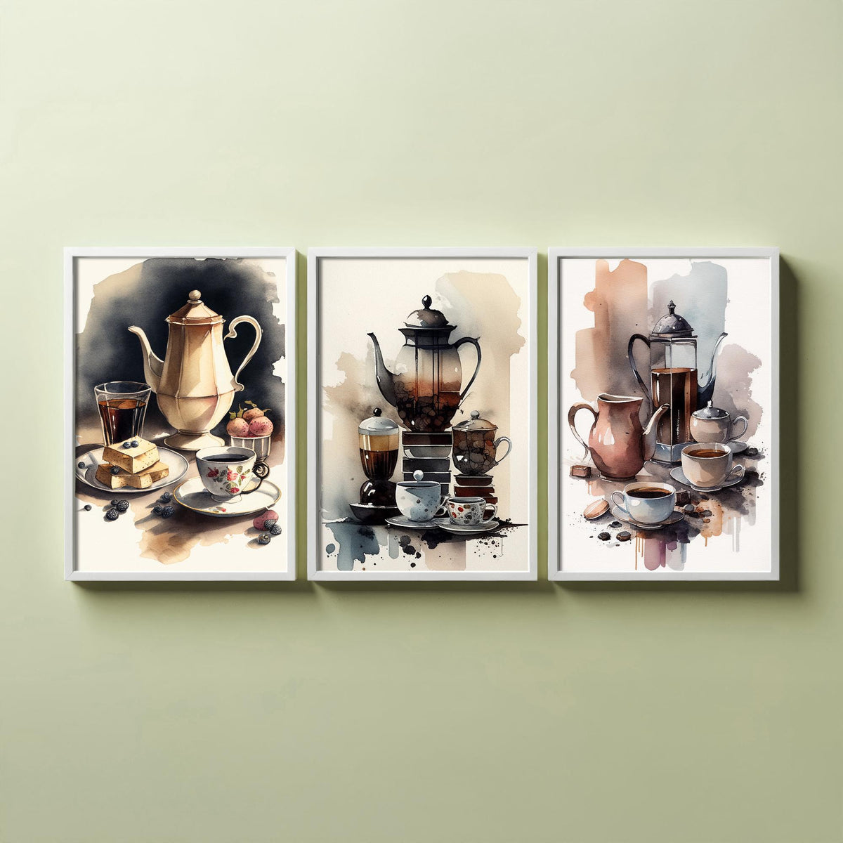 Teapots and Teacups Set of Three Art Prints - Watercolour Tea and Coffee Still Life - Kitchen Poster Painting