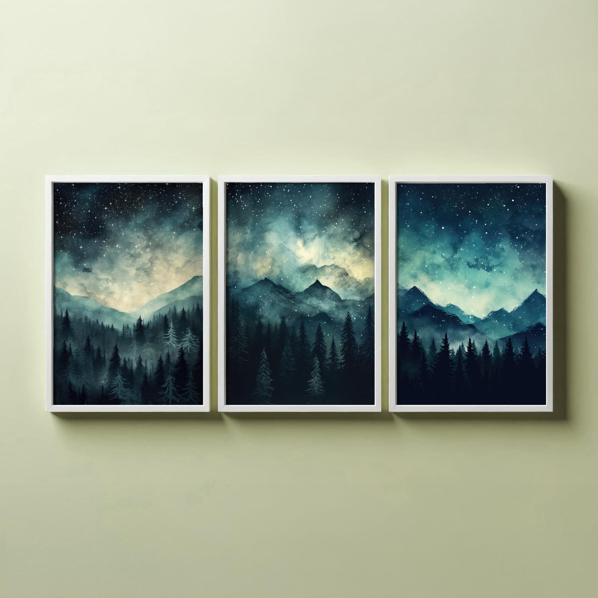 Teal Starry Night Mountains Set of Three Art Prints - Misty Pine Forest Under a Dark Sky Full of Stars - Watercolour Poster