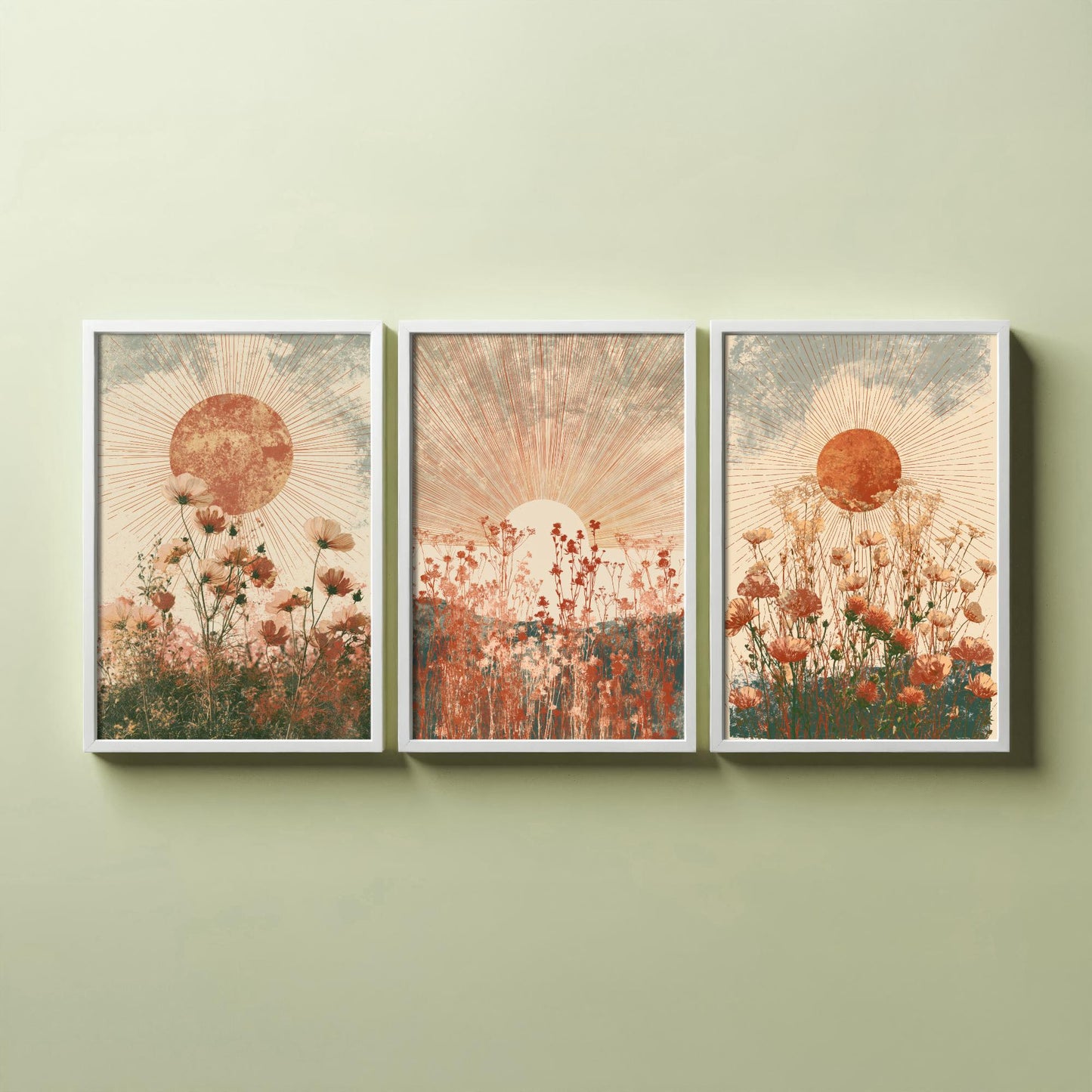 Terracotta Boho Sun Set of Three Art Prints - Wildflower Meadows Under Radiant Suns - Warm Rust Sage Posters - Boho Illustration