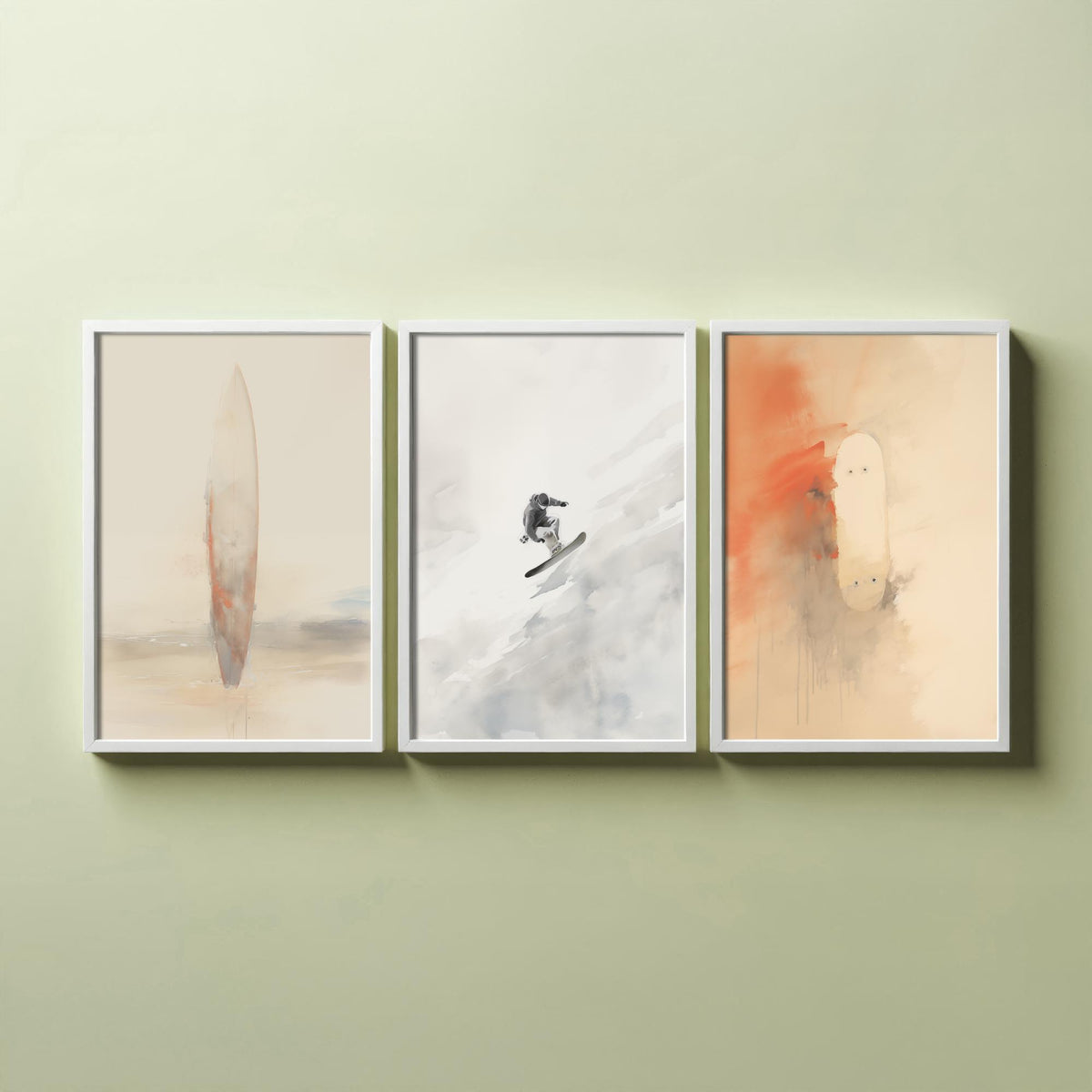 Board Sports Set of Three Art Prints - Surfboard, Snowboarder, Skateboard - Minimalist Watercolour Poster in Peach and Grey