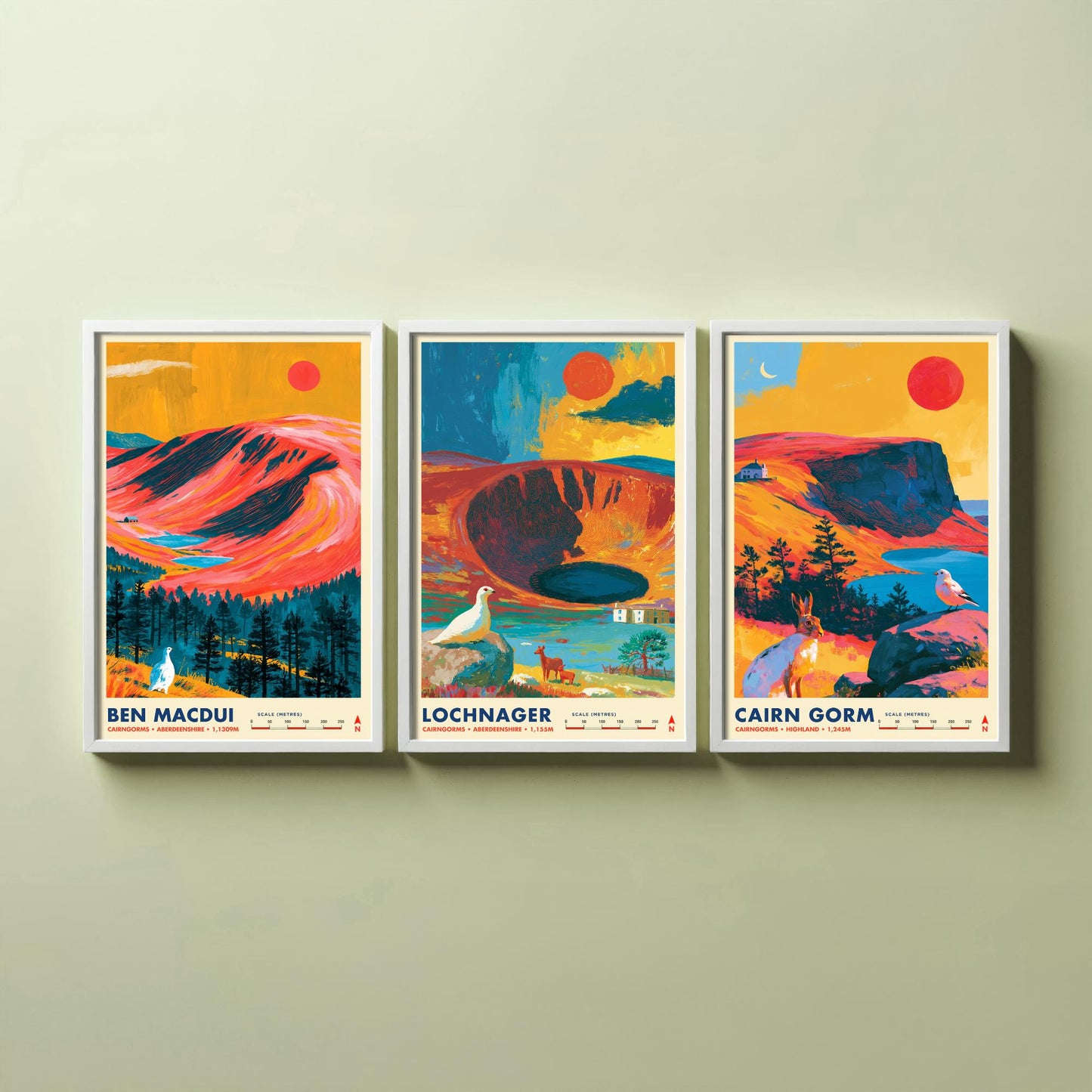 Cairngorms Set of Three Travel Posters - Ben Macdui, Lochnagar, Cairn Gorm - Vibrant Scotland Art Print Illustration Gift