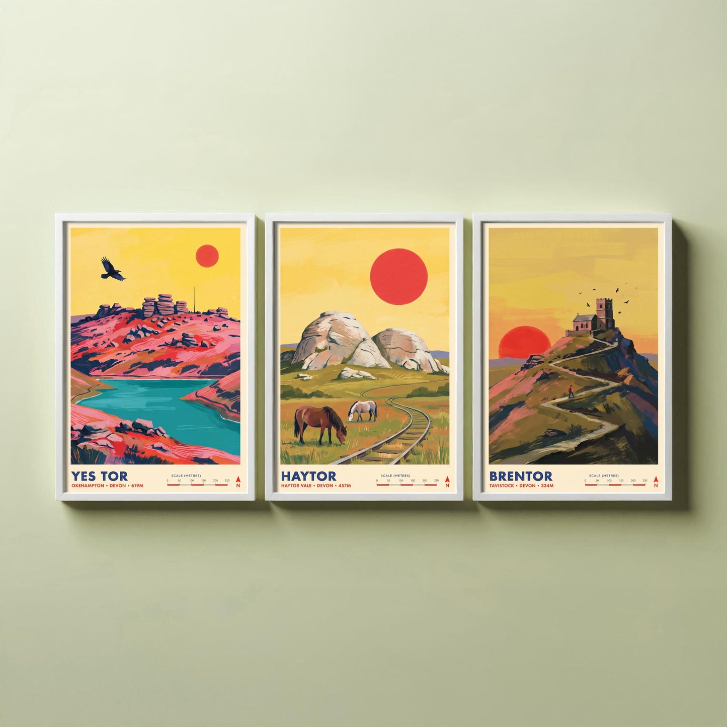 The Dartmoor Tors Set of Three Art Prints - Yes Tor, Haytor, Brentor - Devon Moorland Travel Posters - Vibrant Painting