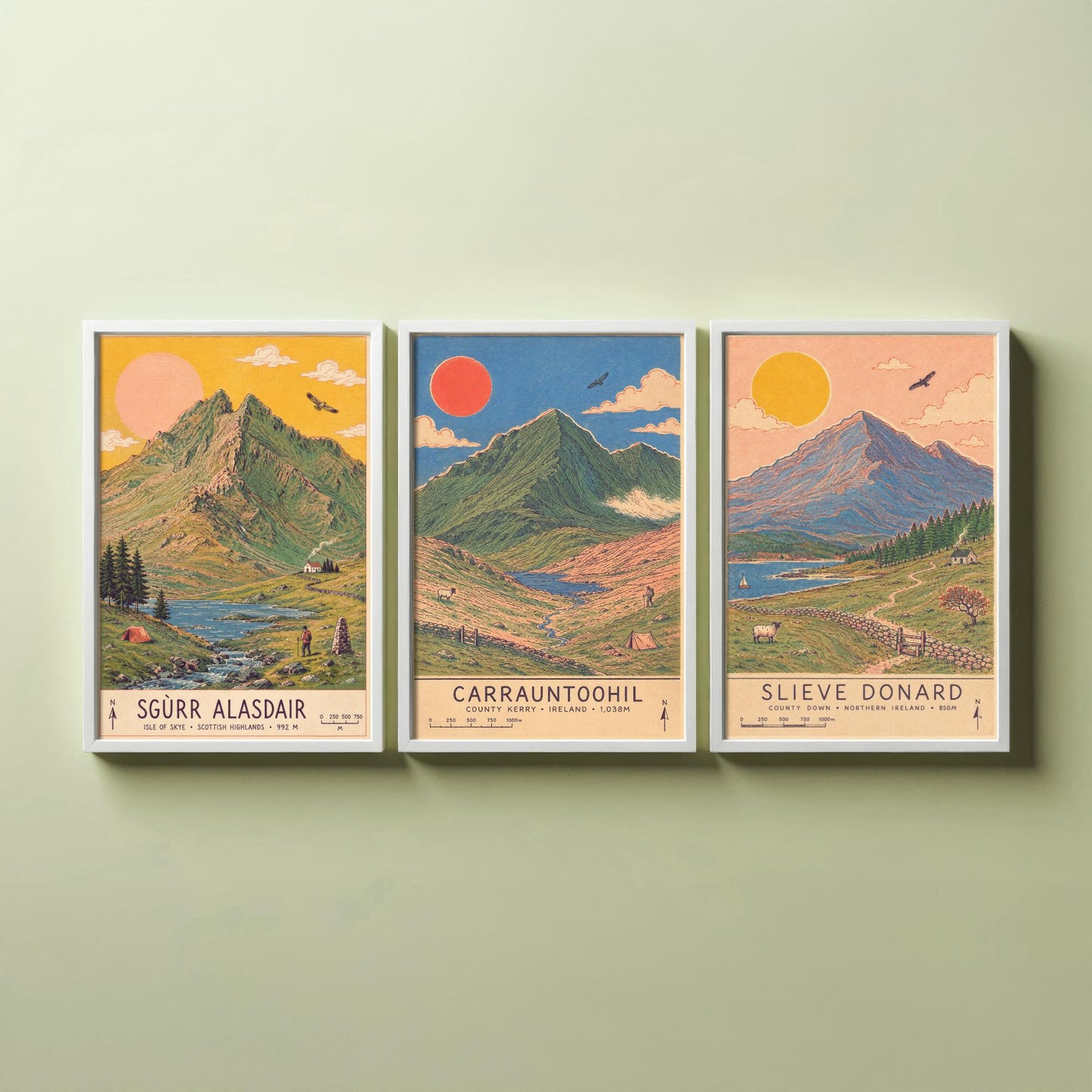 Extended Three Peaks Set of Three Travel Posters - Sgurr Alasdair, Carrauntoohil, Slieve Donard - Art Print Illustration Gift