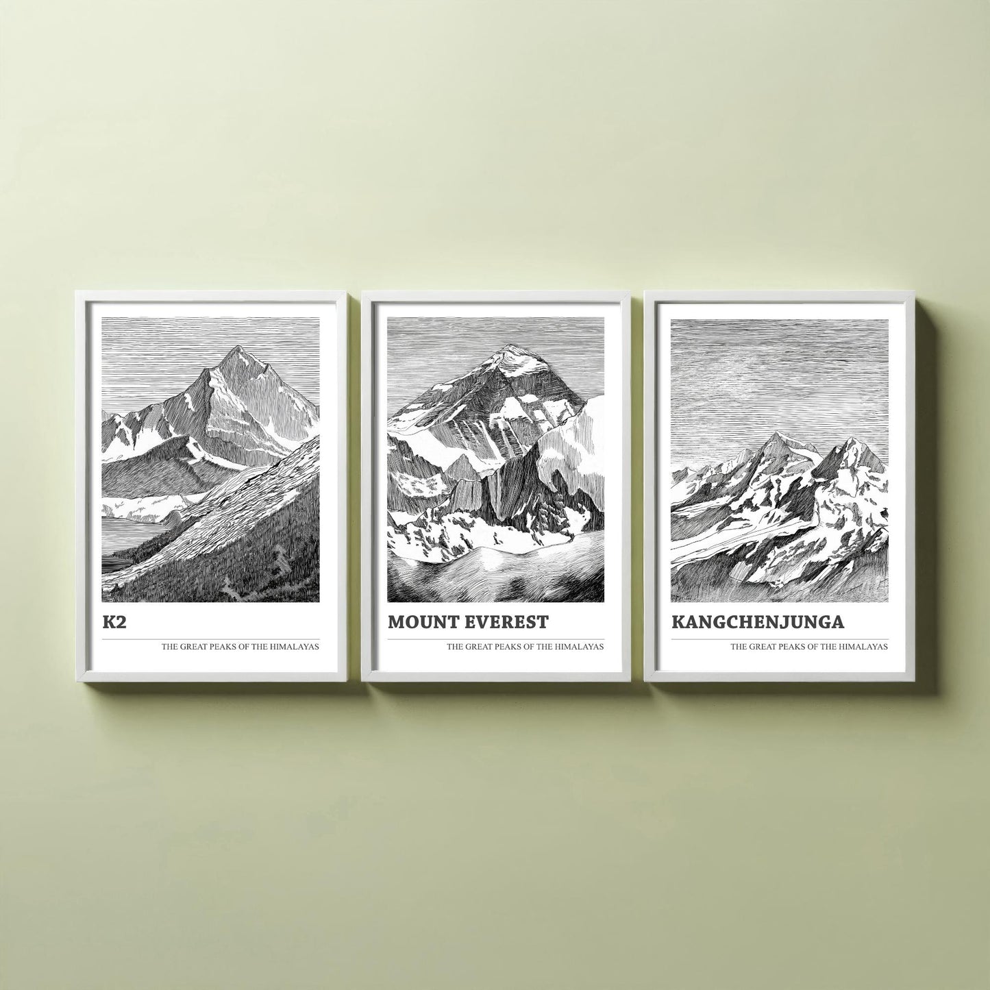 Set of Three Himalaya Art Prints - K2, Mount Everest, Kangchenjunga - 3 Mountain Posters Ink Pen Illustration Wall Décor Gift