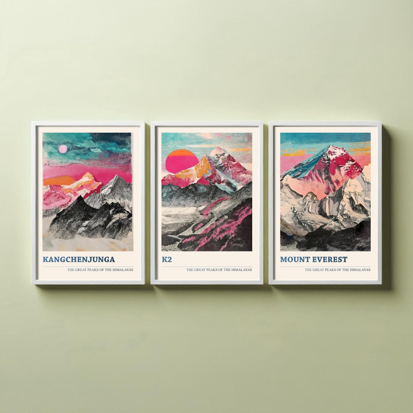 Set of Three Himalaya Art Prints - Kangchenjunga, K2, Mount Everest - 3 Pink Pen Mountain Posters Illustration Wall Décor Gift