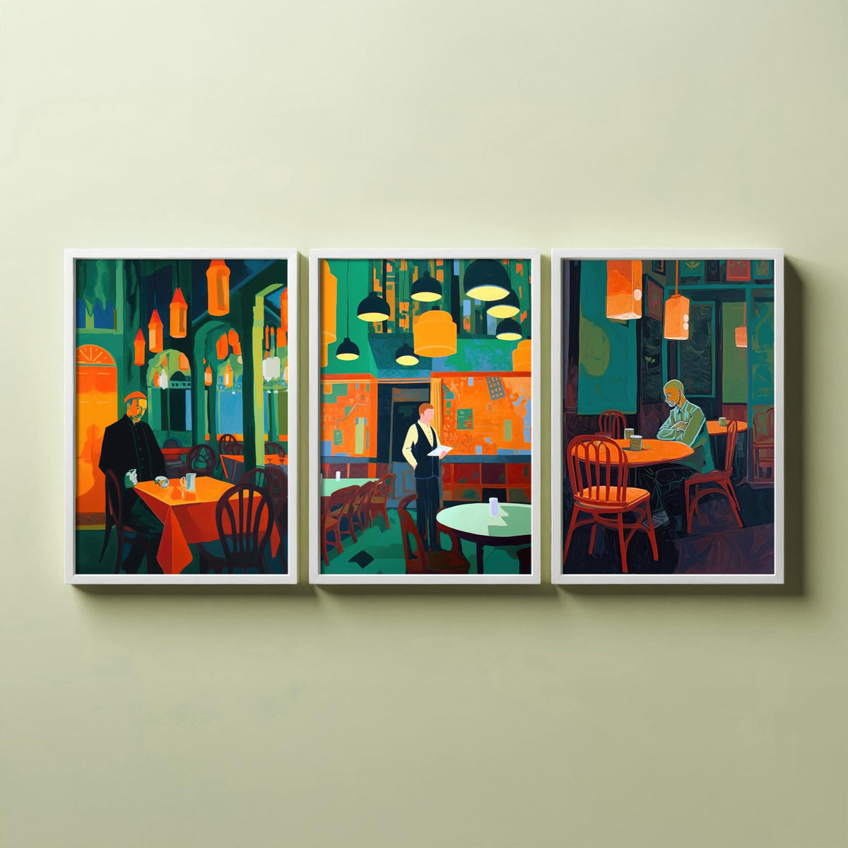 The Man in the Restaurant Set of Three Art Prints - Diner, Waiter and Lone Regular - Teal and Orange Cafe Illustration Poster