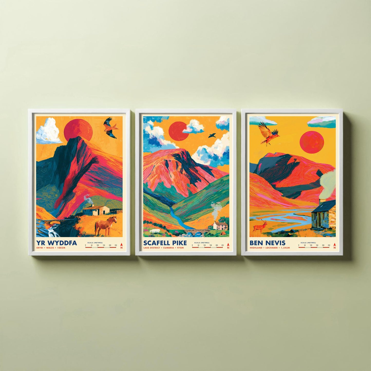 Britain's Highest Peaks Set of Three Travel Posters - Yr Wyddfa, Scafell Pike, Ben Nevis - Vibrant Art Print Illustration Gift