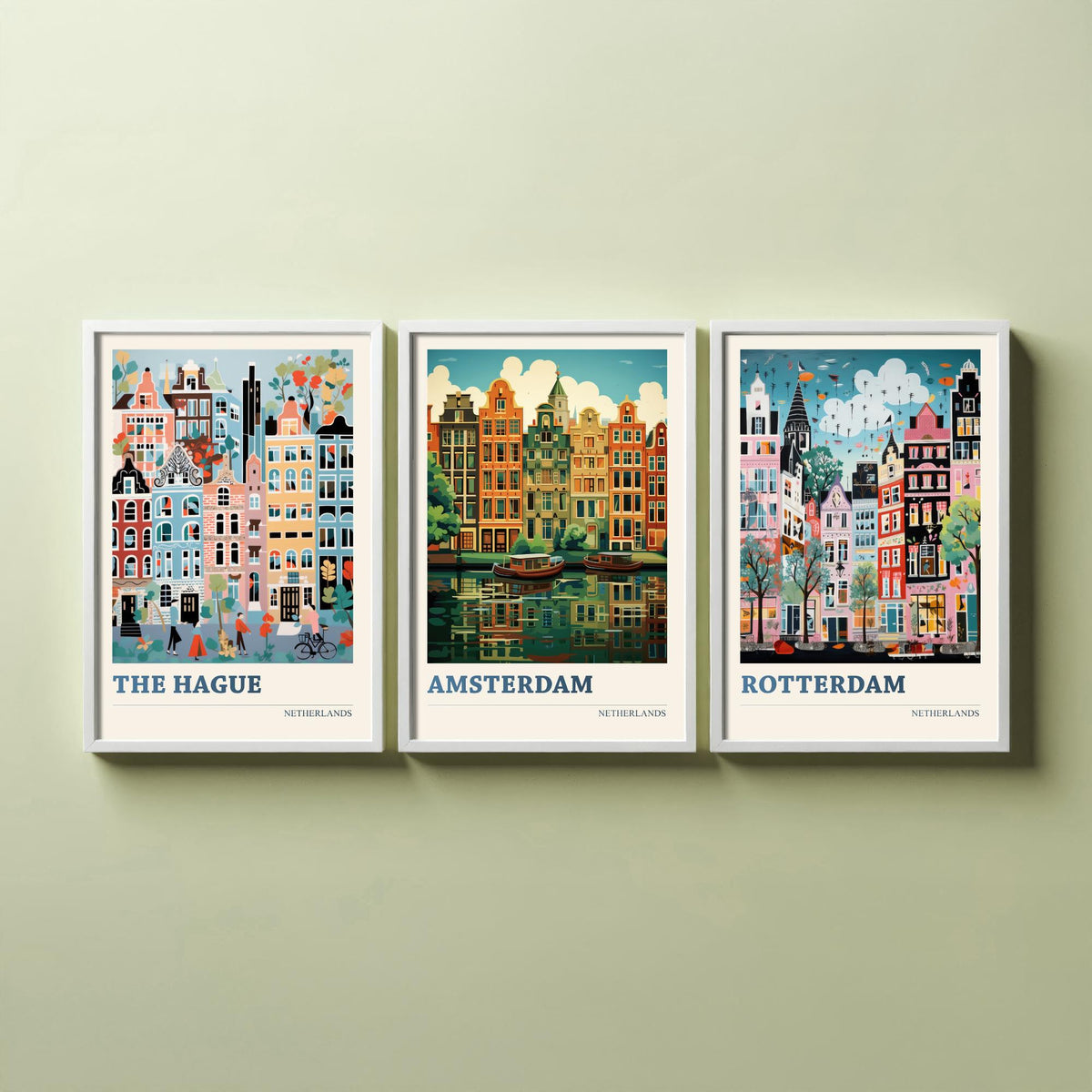 Netherlands Set of Three Art Prints - The Hague, Amsterdam, Rotterdam - Whimsical Dutch Canal House Travel Poster Illustration