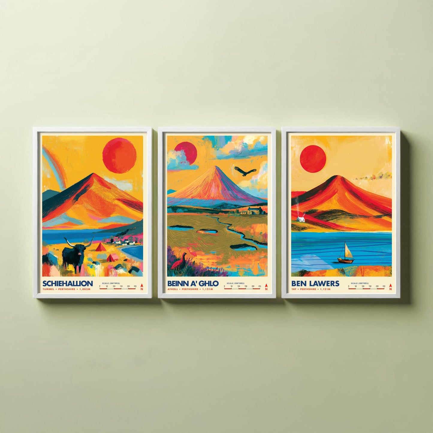 Perthshire Highlands Set of Three Travel Posters - Schiehallion, Beinn a Ghlo, Ben Lawers - Vibrant Scotland Art Print Illustration