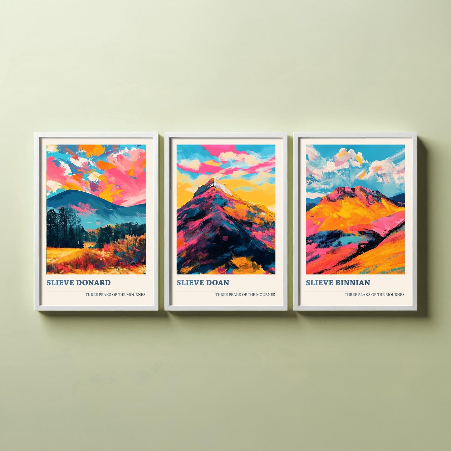 Set of Three Mourne Mountains Art Prints - Slieve Donard, Slieve Doan, Slieve Binnian - 3 Peaks Posters Painting Gift
