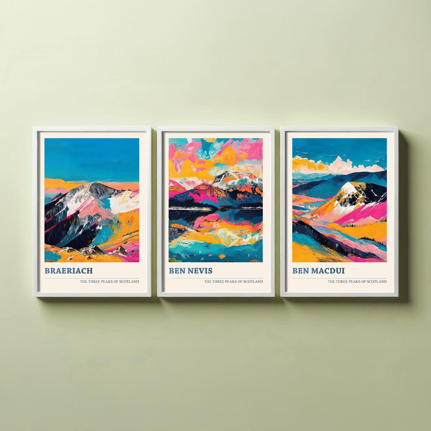 Set of Three Scotland Three Peaks Art Prints - Ben Nevis, Ben Macdui, Braeriach - 3 Mountain Posters Painting Gift Décor