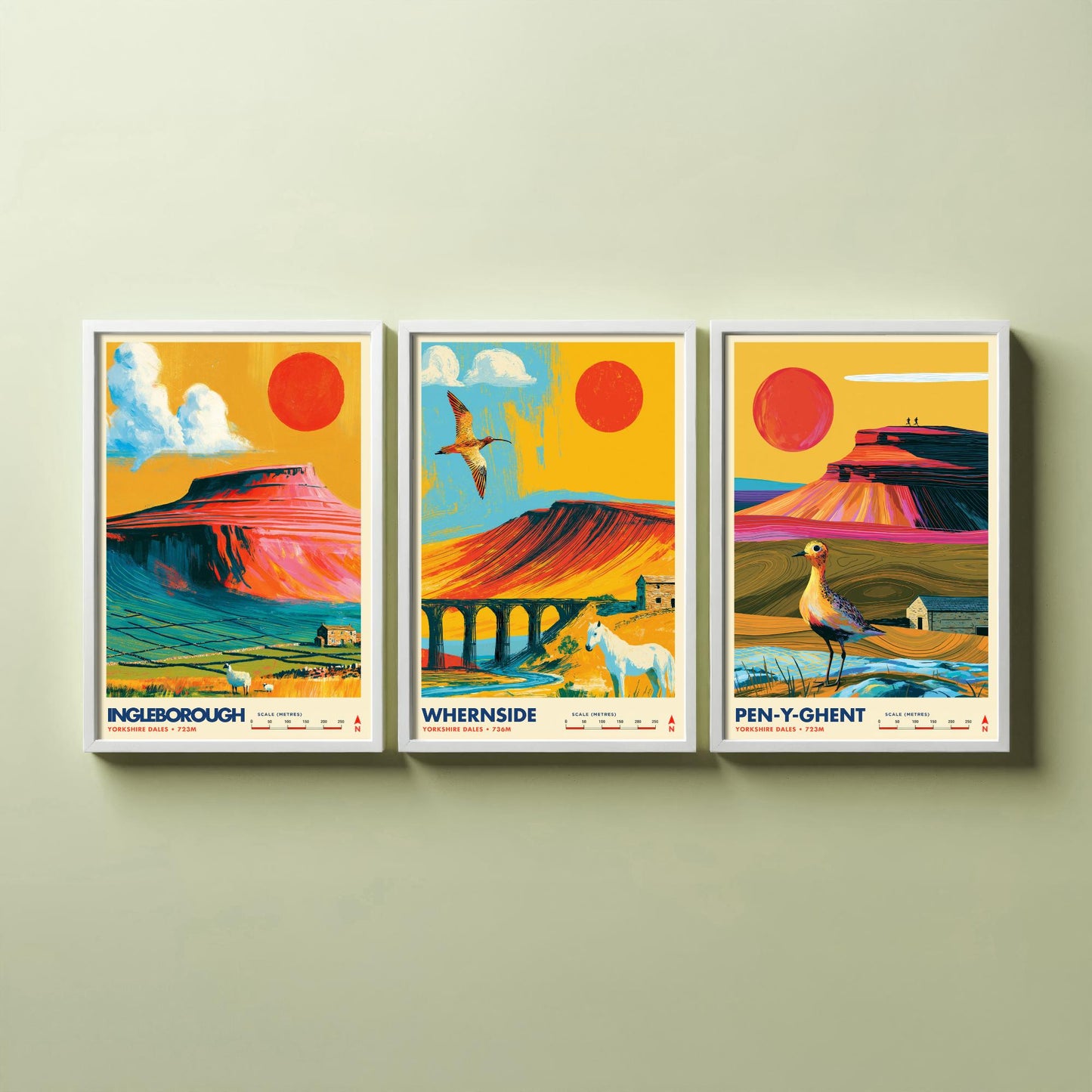 Yorkshire Three Peaks Set of Three Travel Posters - Ingleborough, Whernside, Pen-y-Ghent - Vibrant Art Print Illustration Gift