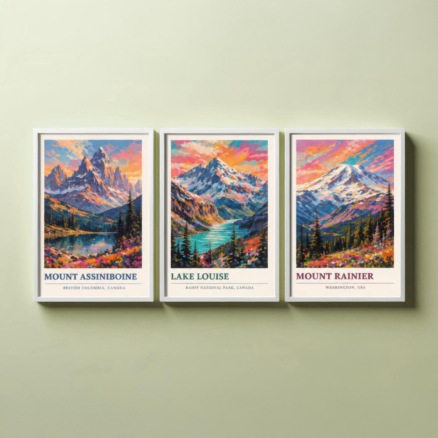 Set of Three Art Prints North American Peaks - Mount Assiniboine, Lake Louise, Mount Rainier - Mountain Poster Painting Travel Gift