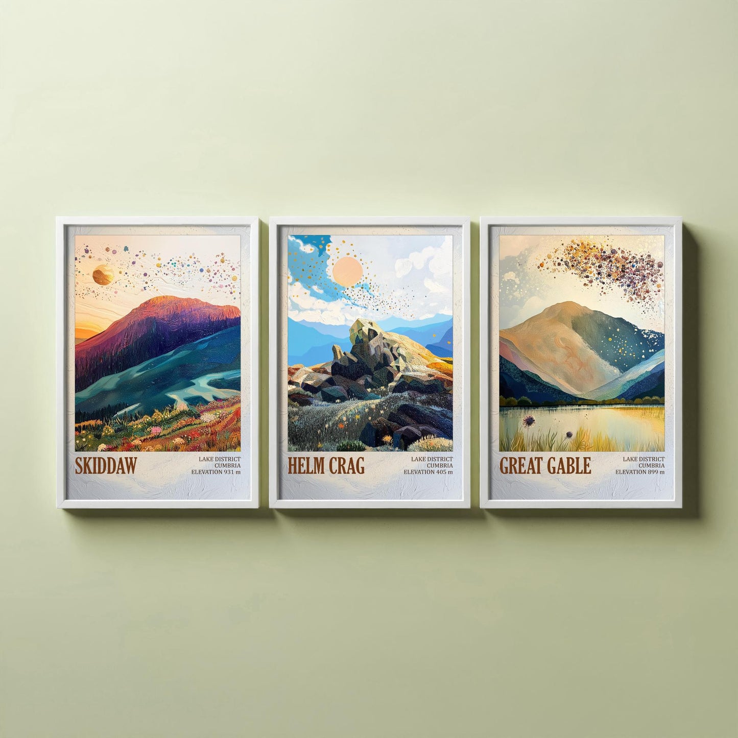 Set of Three Art Prints Lake District Peaks - Skiddaw, Helm Crag, Great Gable - Golden Cumbria Mountain Poster Illustration Gift V2