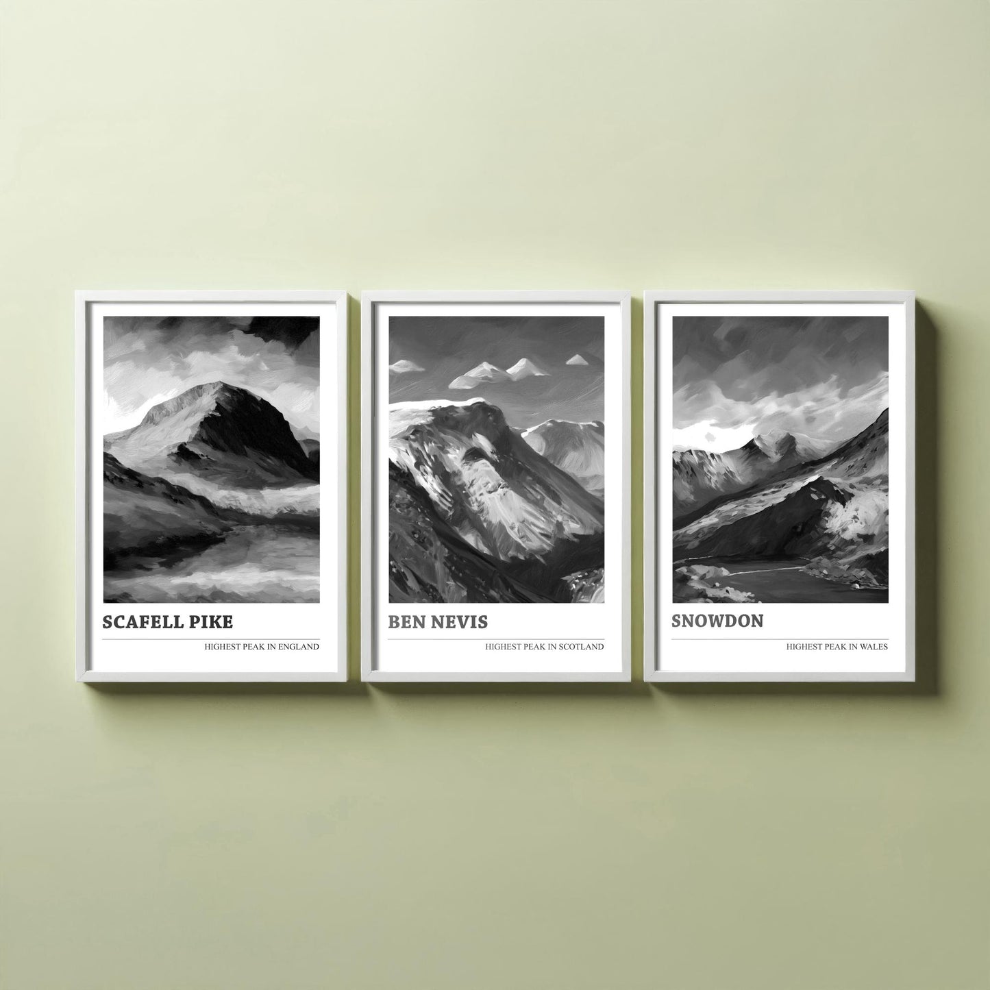 Three Peaks of the UK Set of Three Black & White Art Prints - Scafell Pike, Ben Nevis, Snowdon - Poster Painting Gift Decor