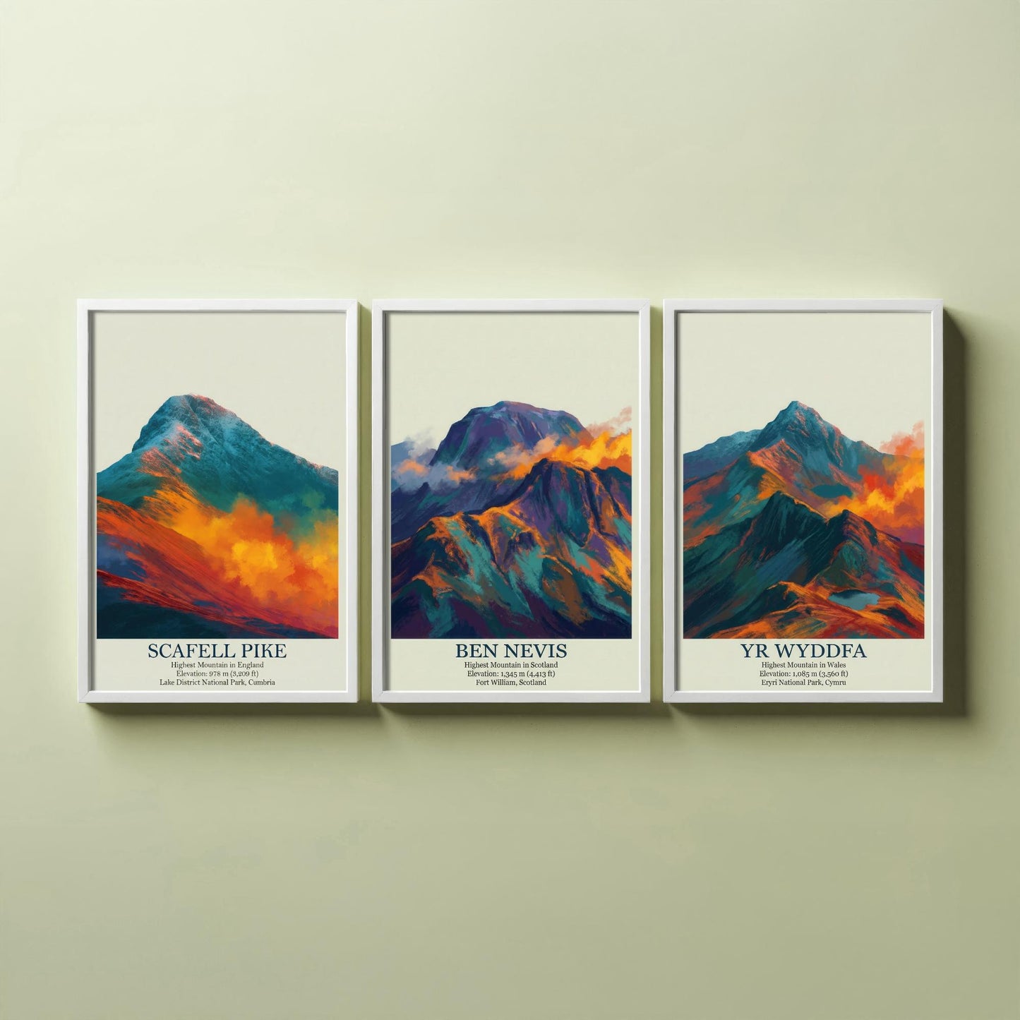 Three Peaks of the UK Set of Three Art Prints - Golden Dust Scafell Pike Ben Nevis Yr Wyddfa - 3 Mountain Posters Painting Wales
