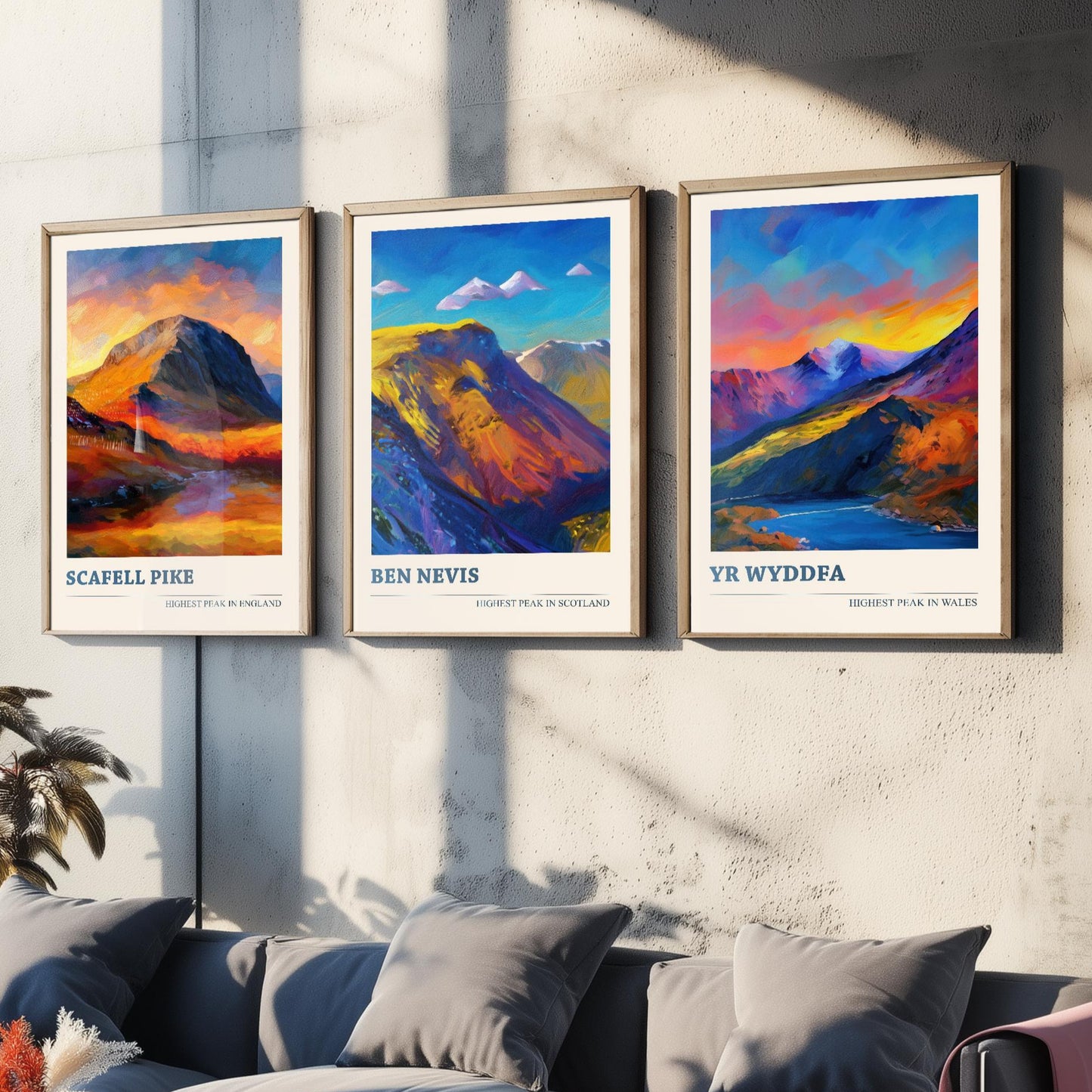 The Three Peaks of The UK - Scafell Pike, Ben Nevis and Yr Wyddfa - Set of 3 Prints - Mountain Travel Posters