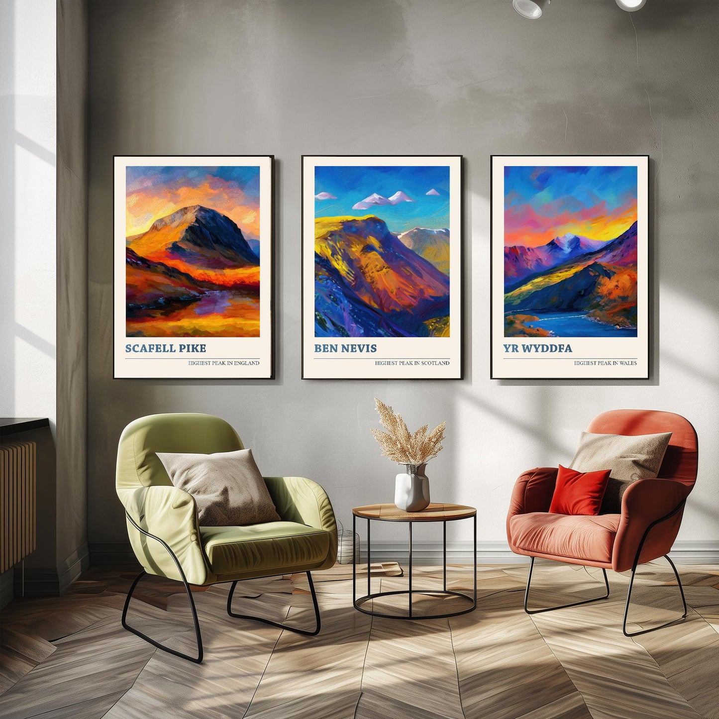 The Three Peaks of The UK - Scafell Pike, Ben Nevis and Yr Wyddfa - Set of 3 Prints - Mountain Travel Posters