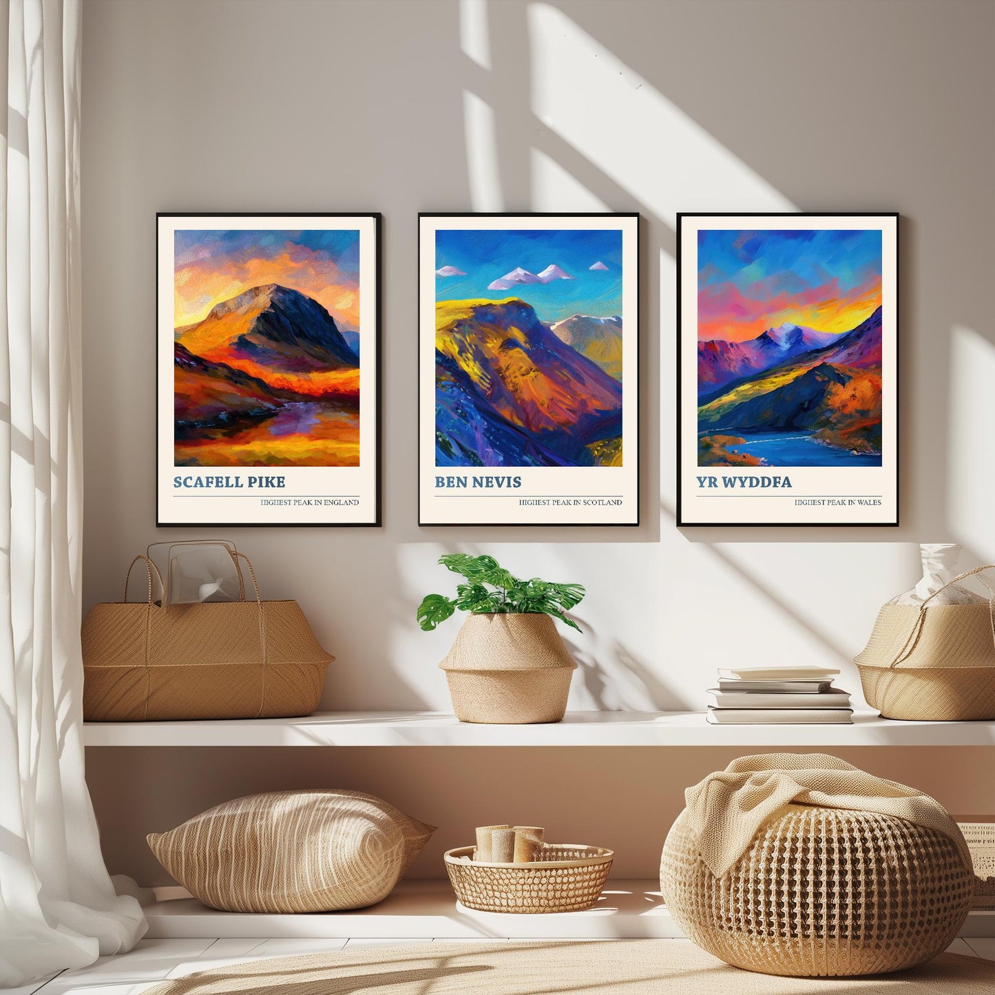 The Three Peaks of The UK - Scafell Pike, Ben Nevis and Yr Wyddfa - Set of 3 Prints - Mountain Travel Posters